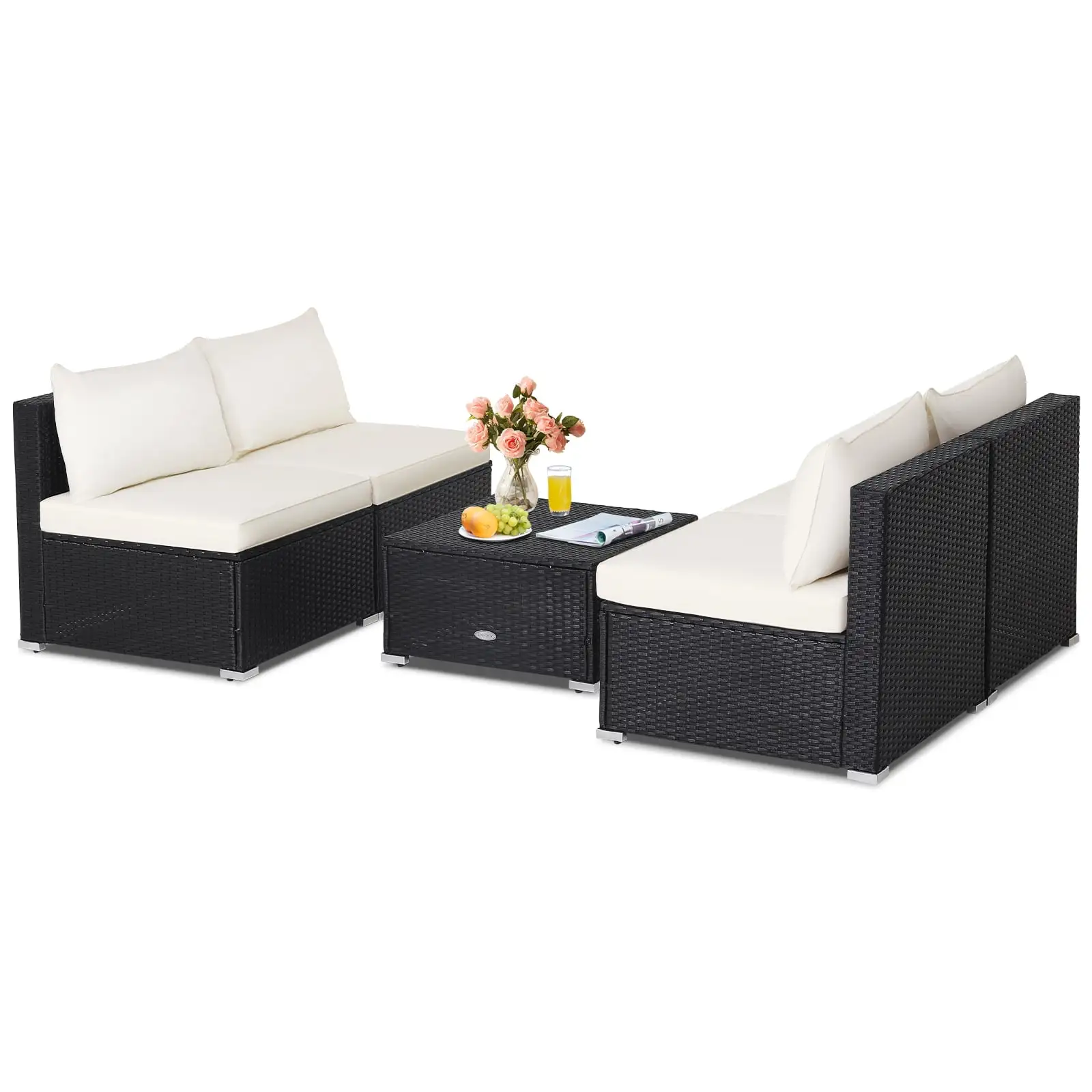 Topbuy 5 Piece Patio Furniture Set Outdoor Rattan Sofa Set w/ Seat & Back Cushions Convenient Square Coffee Table