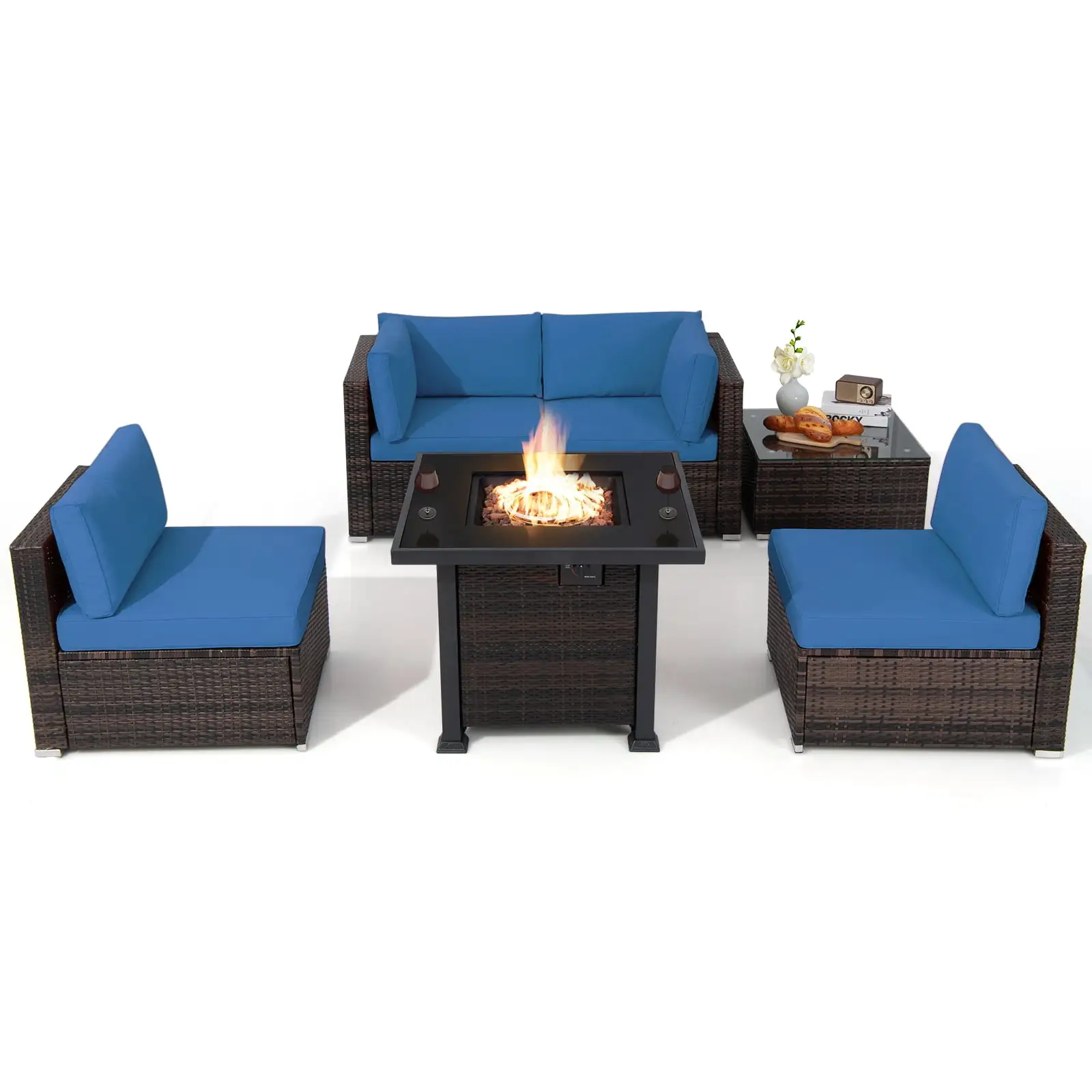 Topbuy 6 Piece Patio Wicker Conversation Set.Outdoor Rattan Sofa Set w/32 Propane Fire Pit Table.50.000 BTU Heat.Tempered Glass Tabletop Navy Blue