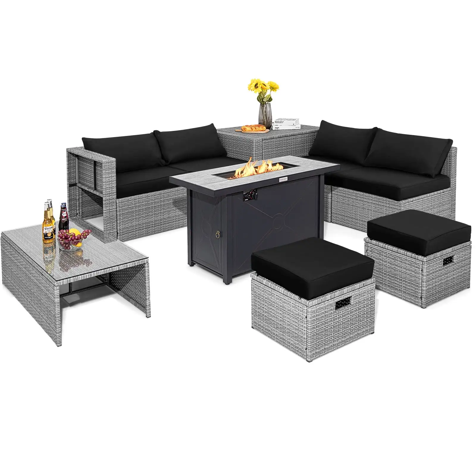 Topbuy 9 PCS Patio Furniture Set with 42 60.000 BTU Fire Pit Outdoor Space-Saving Sectional Sofa Set with Storage Box Black