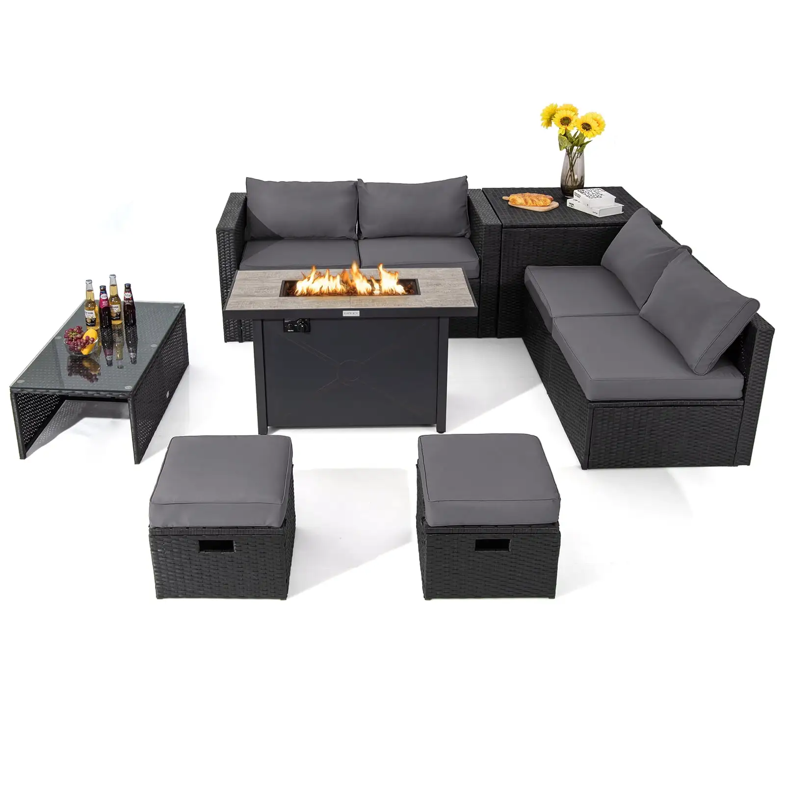 Topbuy 9 Pieces Outdoor PE Rattan Wicker Sectional Sofa with 42 60.000 BTU Gas Fire Pit Table Space-Saving Patio Conversation Set with Storage Box Grey