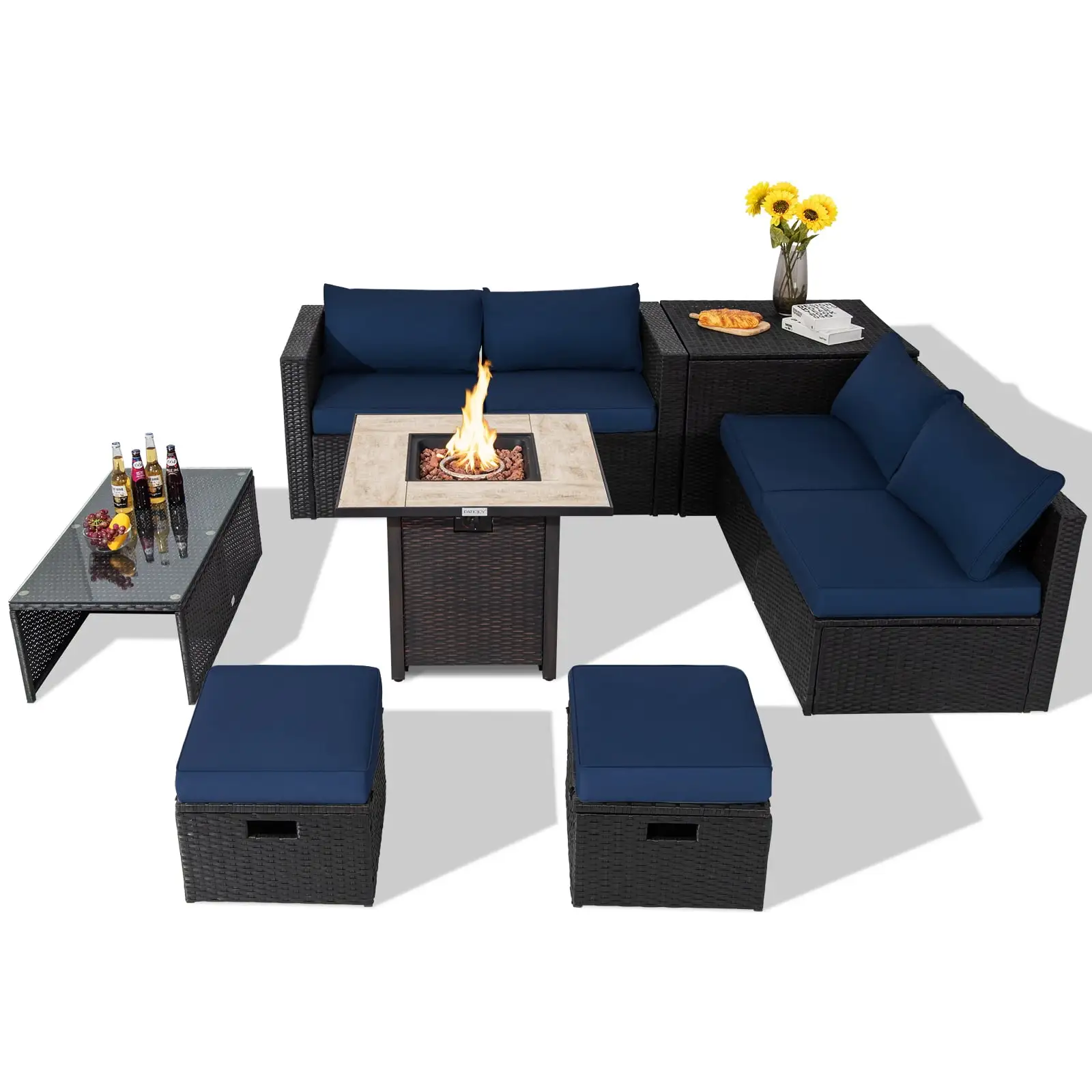 Topbuy 9 Pieces Outdoor PE Rattan Wicker Sectional Sofa with 42 Gas Fire Pit Table Space-Saving Patio Conversation Set with Storage Box Navy