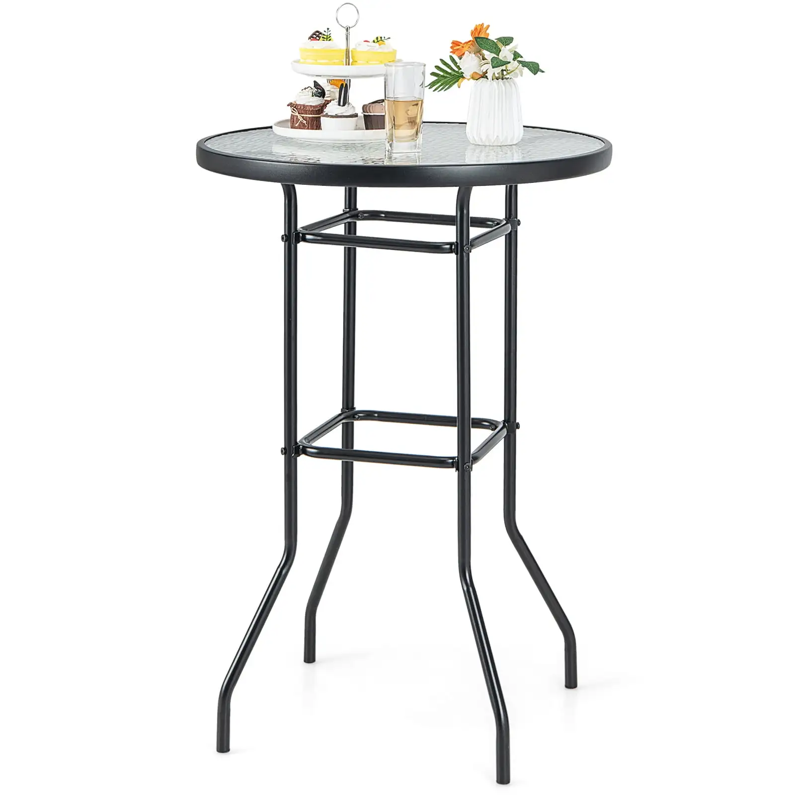 Topbuy Round Glass Top Patio Table 27x27 Outdoor Bistro Table w/ Heavy-duty Metal Frame