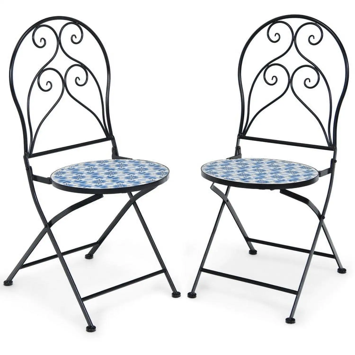 Topcobe 2 Pieces Patio Folding Mosaic Bistro Chairs with Blue Floral Pattern. Outdoor Deck Furniture