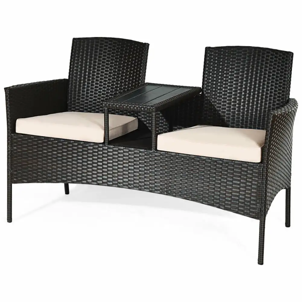 Topcobe Rattan Wicker Patio Conversation Furniture Set Loveseat with Built-in Coffee Table and Cushions