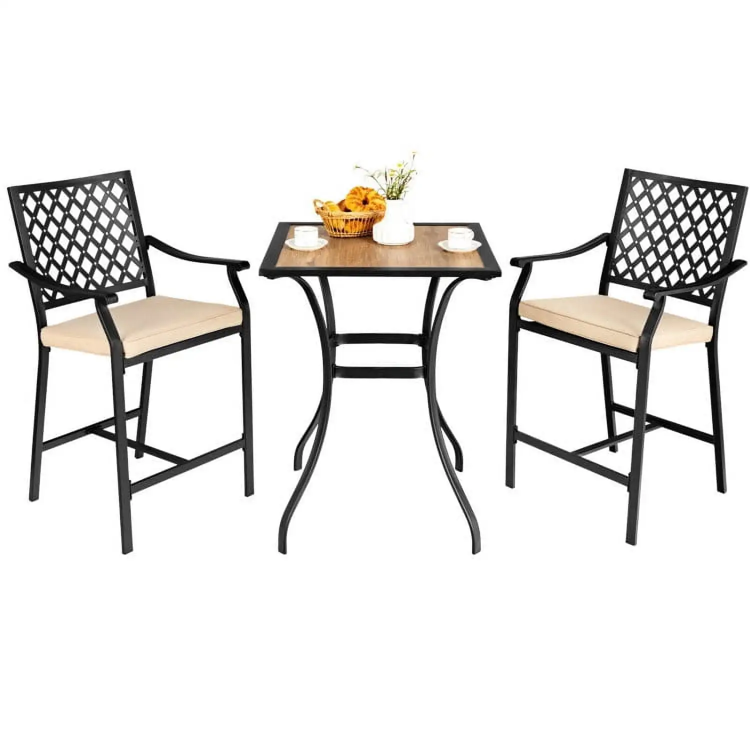 Topcobe 3 Pieces Patio Bar Set with 2 Bar Stools and 1 Square Table. Outdoor Deck Furniture