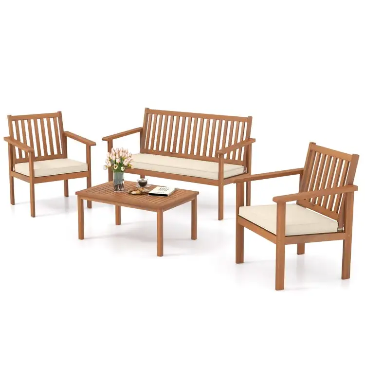 Topcobe 4 Pieces Patio Wood Furniture Set Acacia Wood Sofa Set with Loveseat. Patio Furniture Sets. Off White