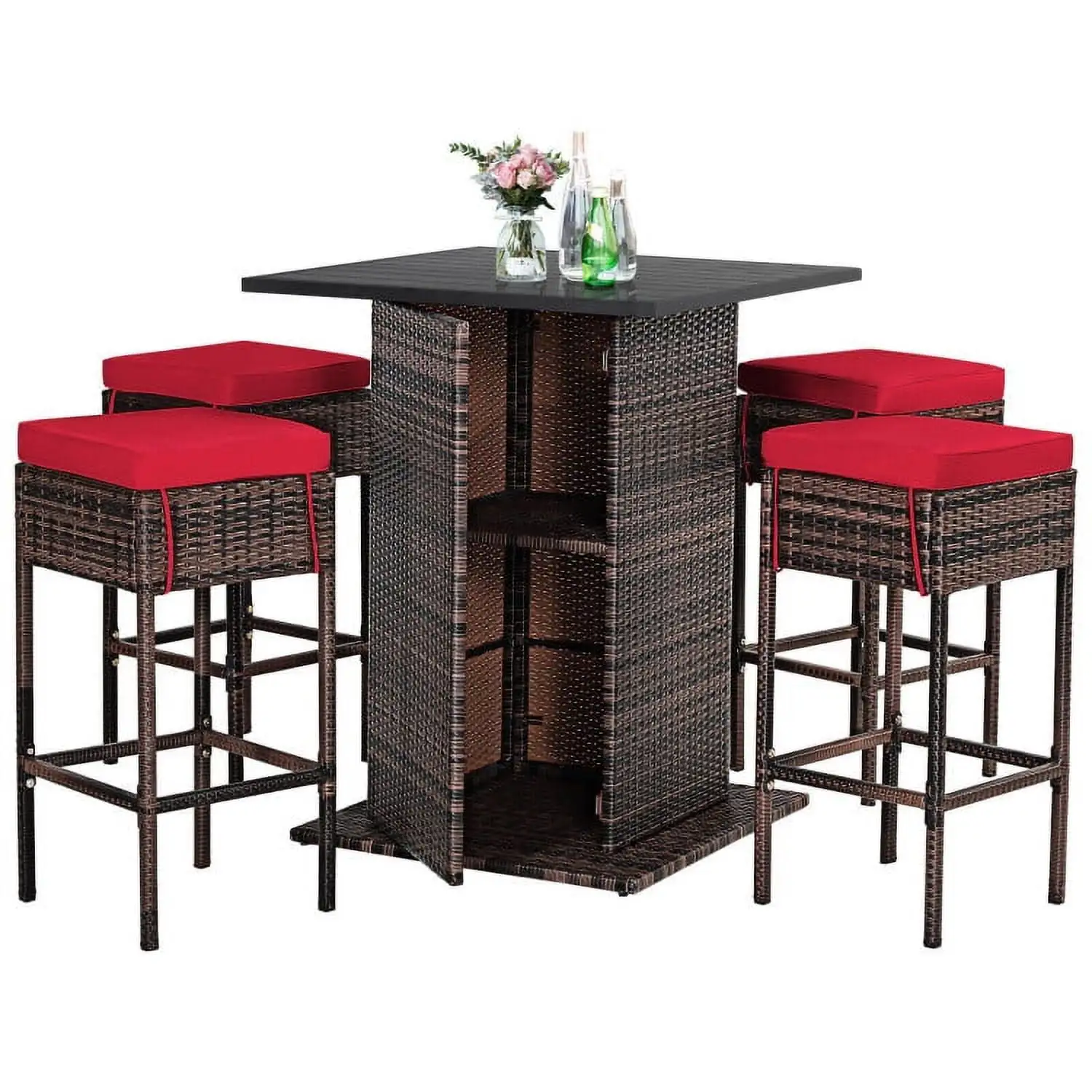 Topcobe 5 Pieces Patio Rattan Bar Table Stool Set Hidden Storage Shelf Cushioned. Outdoor Deck Furniture. Red