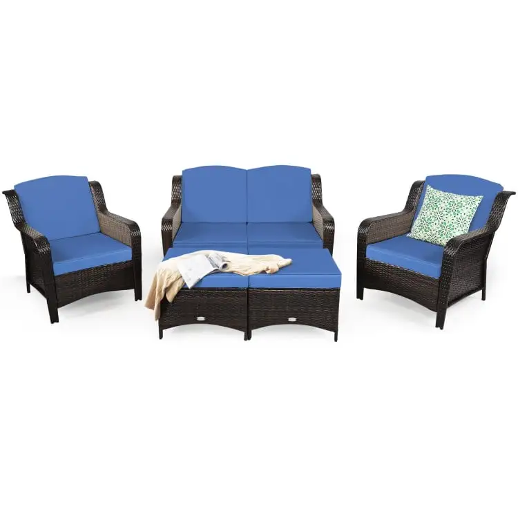 Topcobe 5 Pieces Patio Rattan Sofa Set with Cushion and Ottoman. Outdoor Wicker Patio Furniture Set. Navy