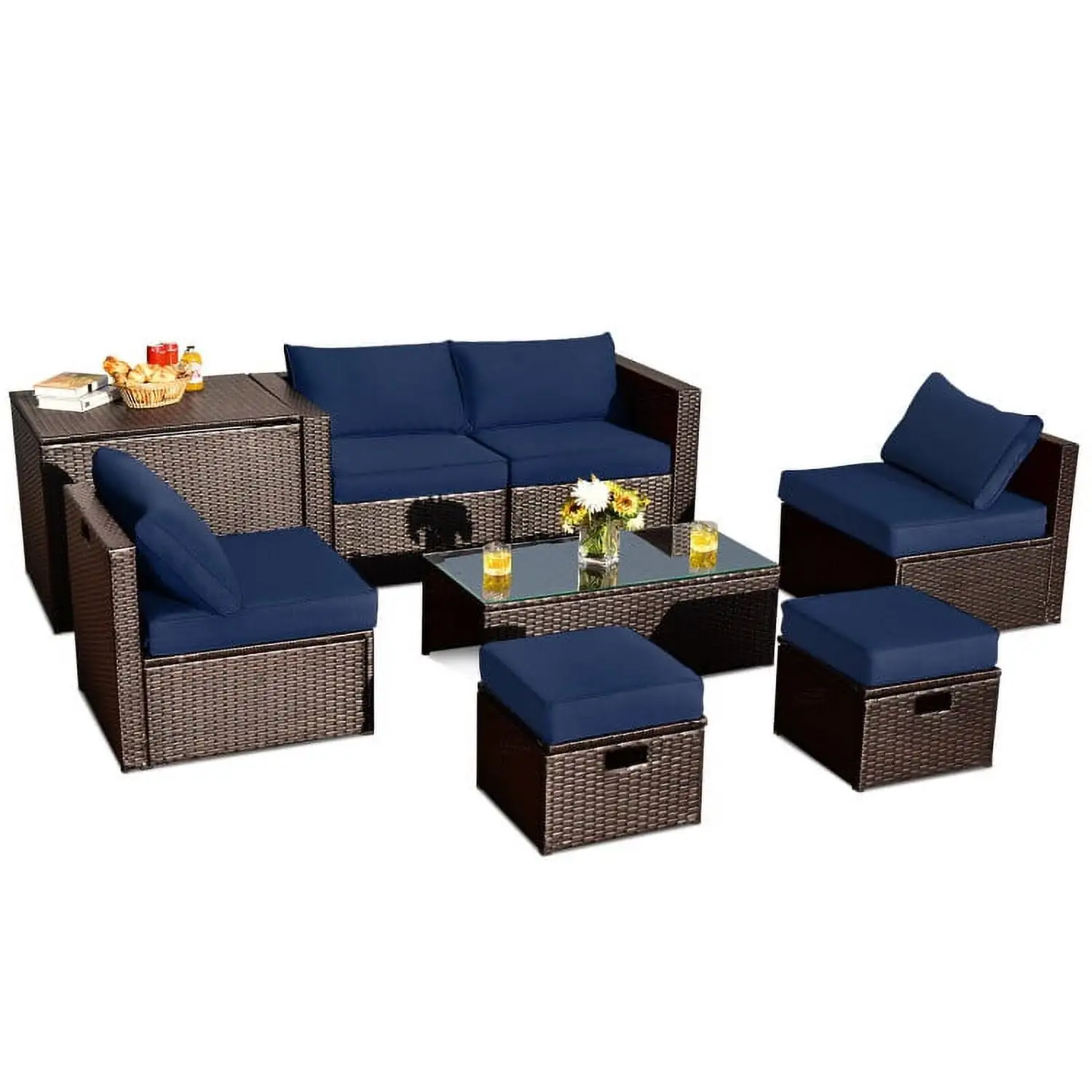 Topcobe 8 Pieces Patio Space-Saving Rattan Furniture Set with Storage Box and Waterproof Cover. Outdoor Deck Furniture. Navy