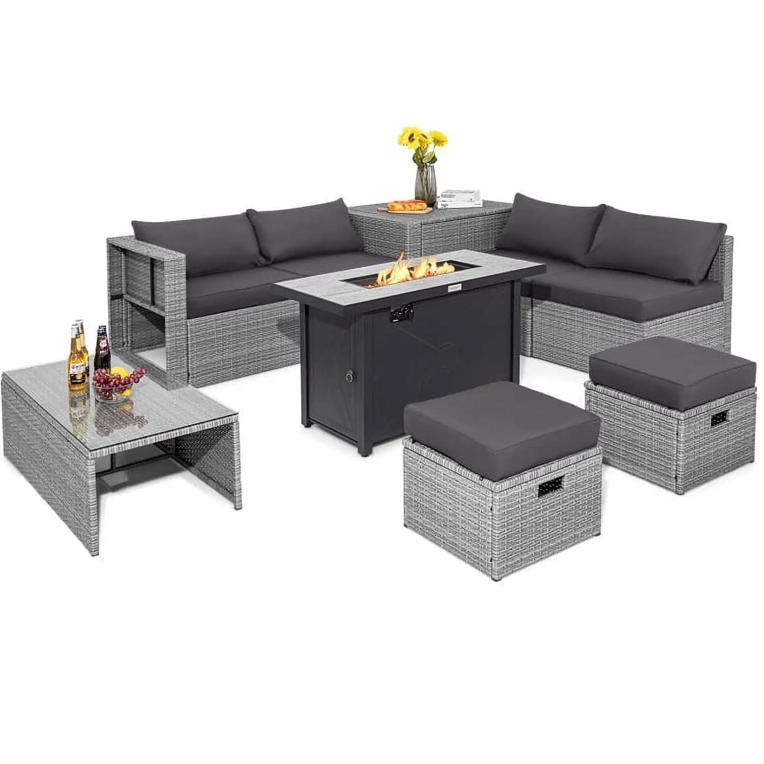 Topcobe 9 Pieces Patio Furniture Set with 42 Inches 60000 BTU Fire Pit. Outdoor Patio Furniture. Gray