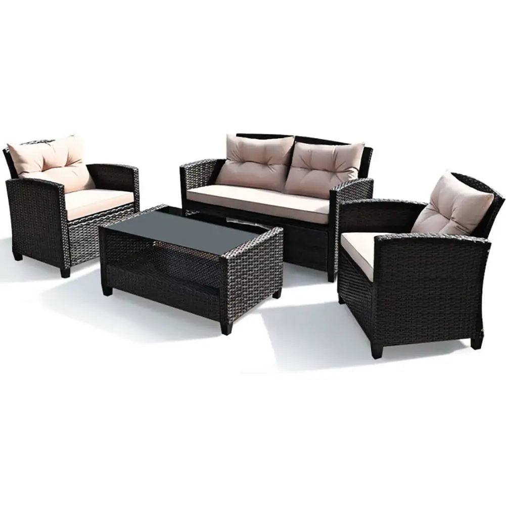 Topcobe Cushioned Patio Rattan Wicker Conversation Furniture Set 4 Pieces with Glass Coffee Table. Outdoor Seating Set for Yard and Bistro