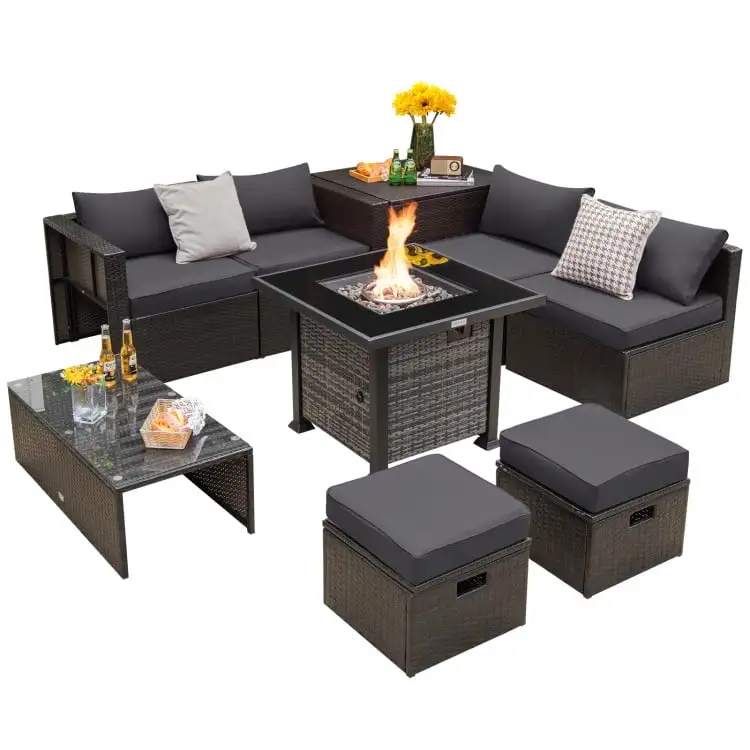 Topcobe Outdoor 9 Pieces Patio Furniture Set with Propane Fire Pit Table. Patio Furniture Sets. Gray