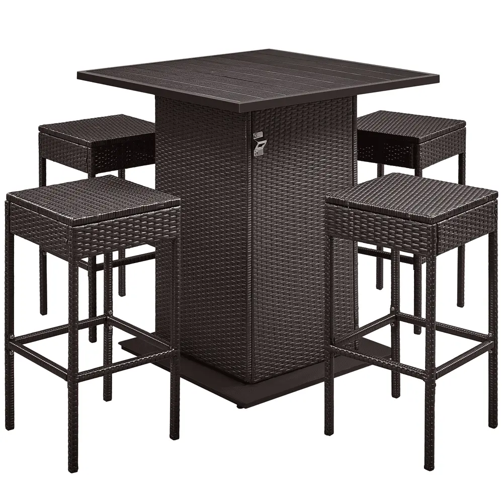 Topeakmart Outdoor Wicker Table & Stool Set with Closed Storage Cabinet. Brown