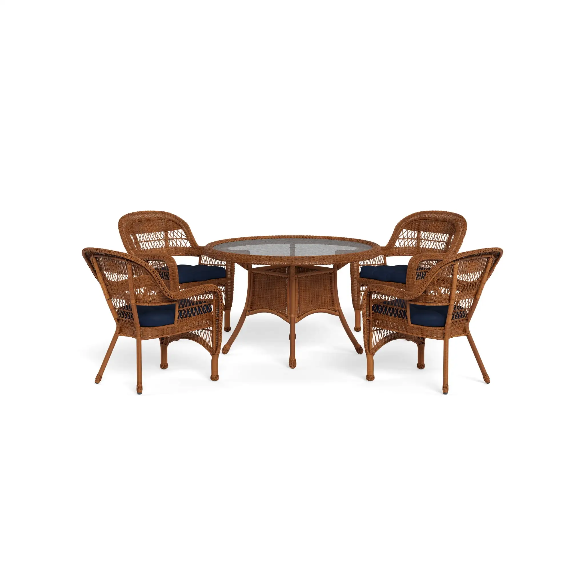 Tortuga Outdoor Portside 5 Piece Wicker Dining Set  (4 chairs. 48 dining table). Amber Wicker. Navy Cushion