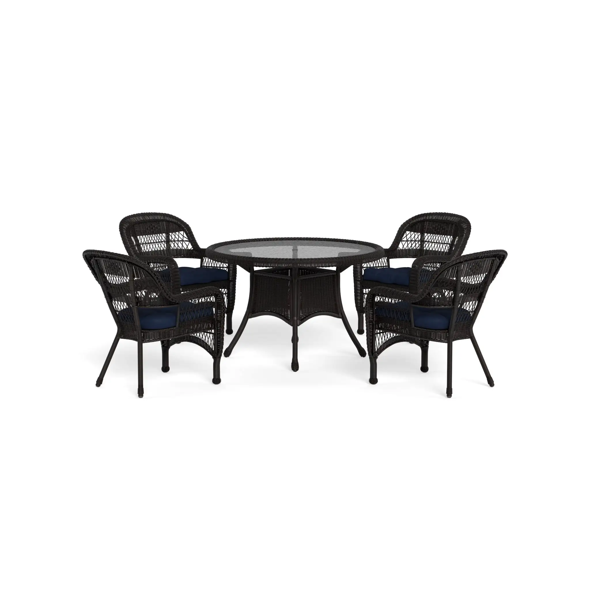 Tortuga Outdoor Portside 5 Piece Wicker Dining Set  (4 chairs. 48 dining table). Dark Roast Wicker. Navy Cushion