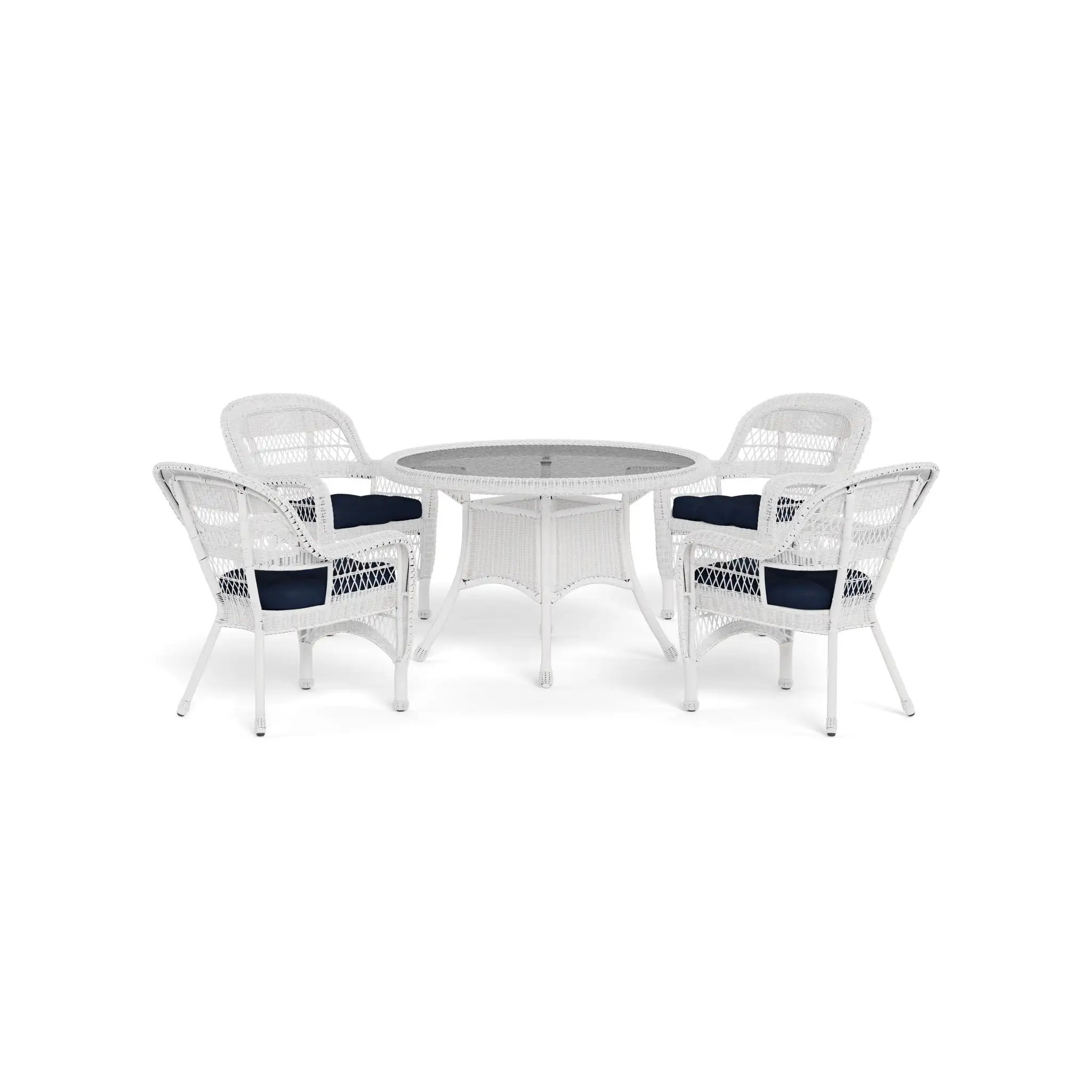 Tortuga Outdoor Portside 5 Piece Wicker Dining Set  (4 chairs. 48 dining table). White Wicker. Navy Cushion