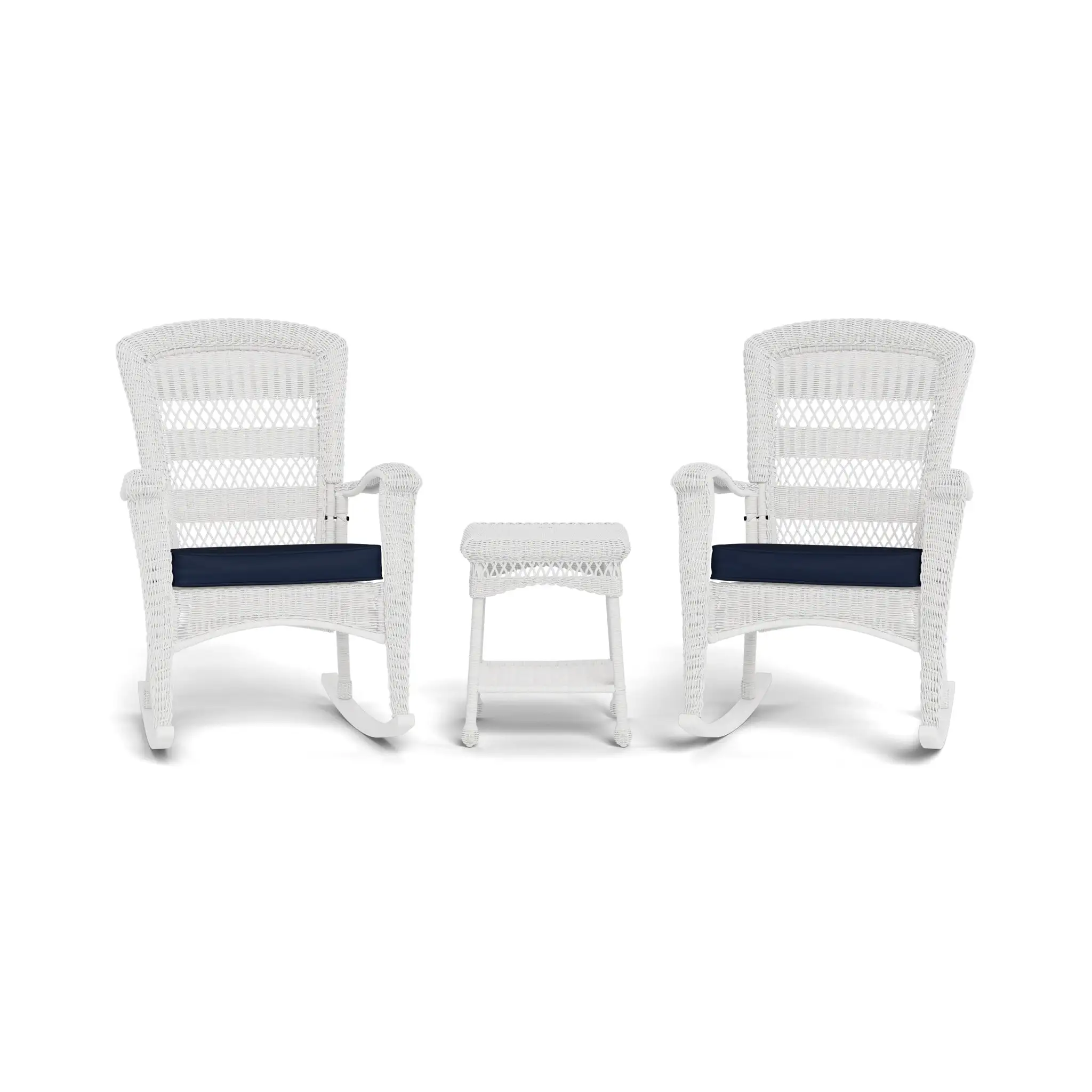 Tortuga Outdoor Portside Plantation Rocking Chair 3 Piece Set - White w/ Navy Cushion