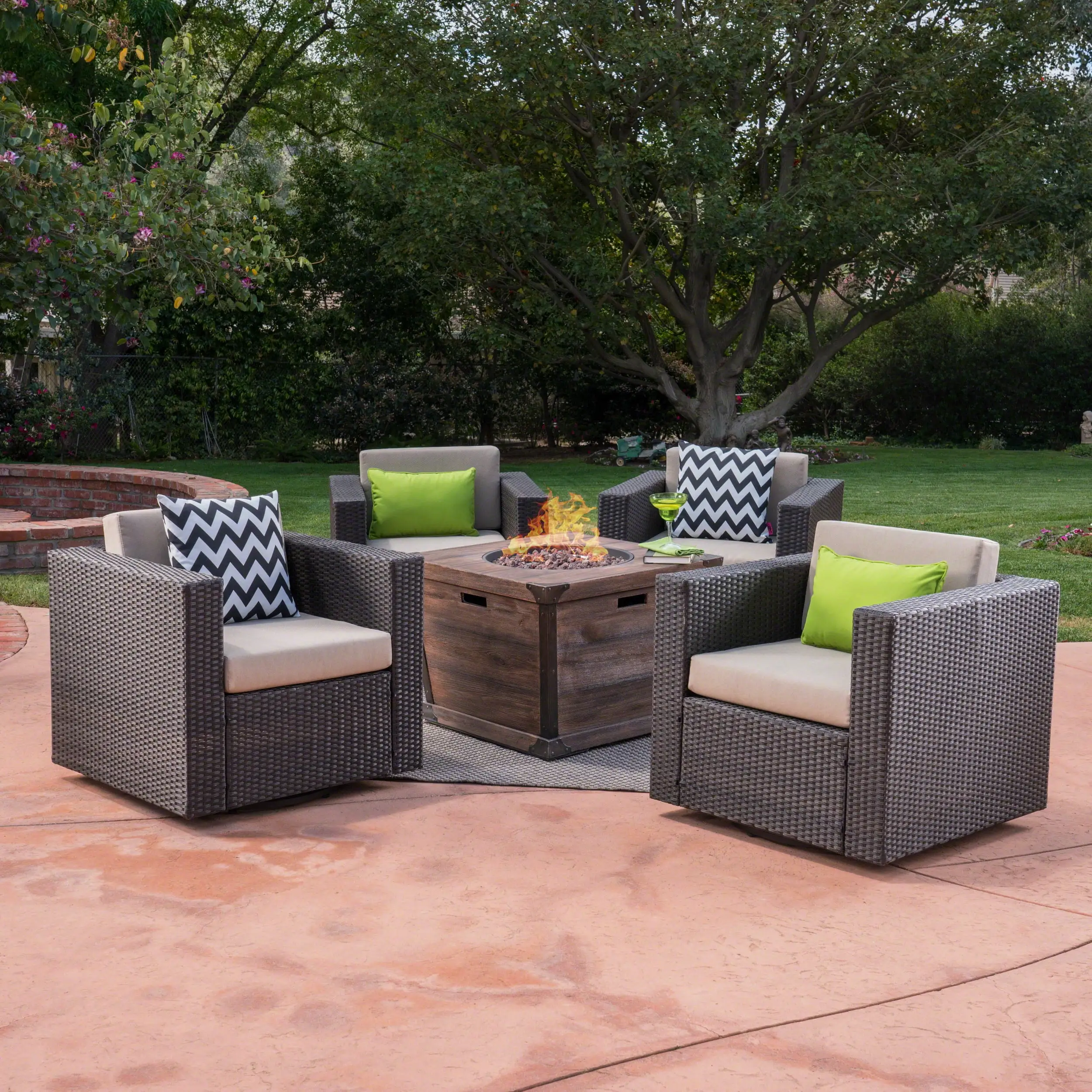 Trevor Outdoor 5 Piece Swivel Wicker Club Chair with Fire Pit Set. Dark Brown. Beige. Brown