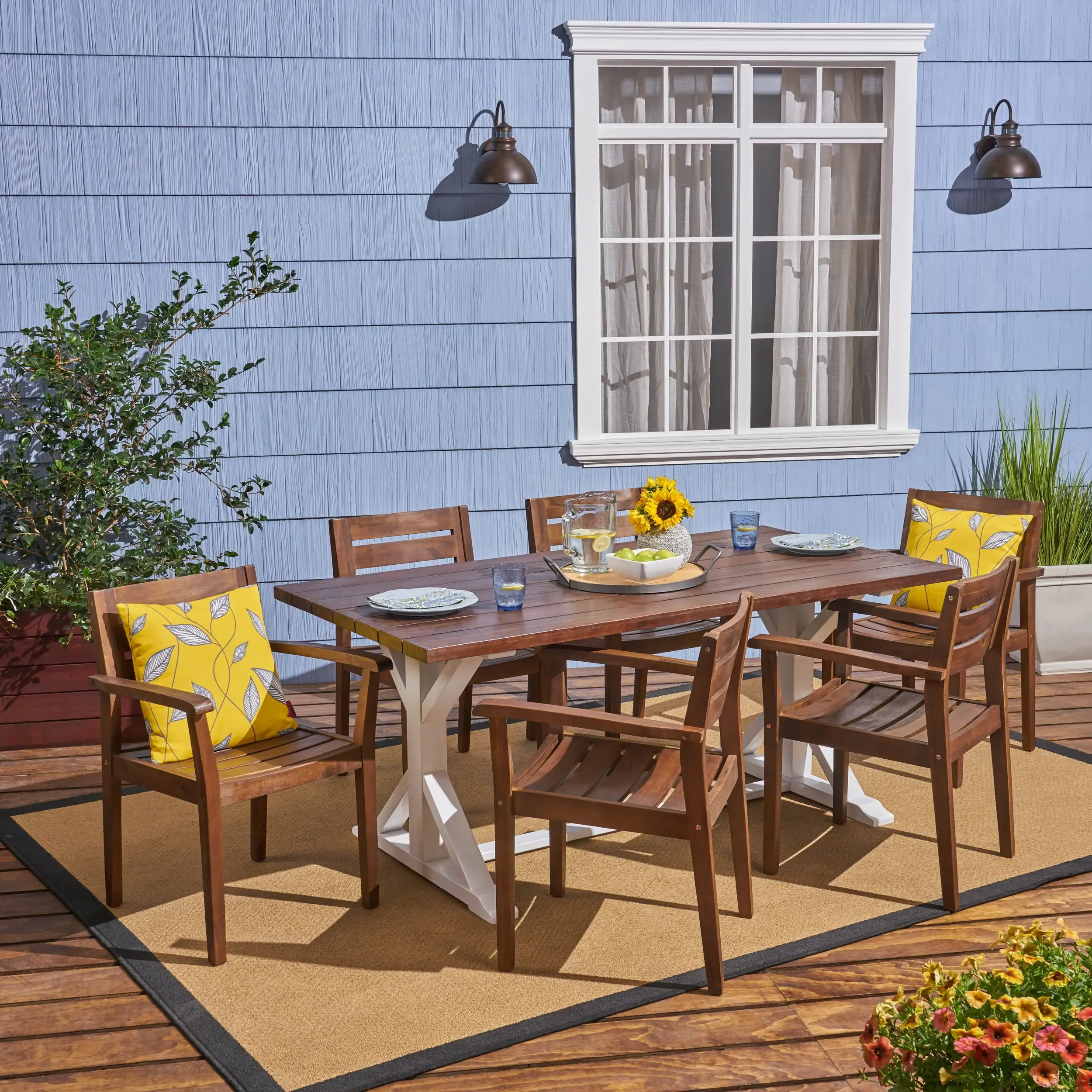 Tripp Outdoor 7 Piece Acacia Wood Dining Set. Dark Brown. White