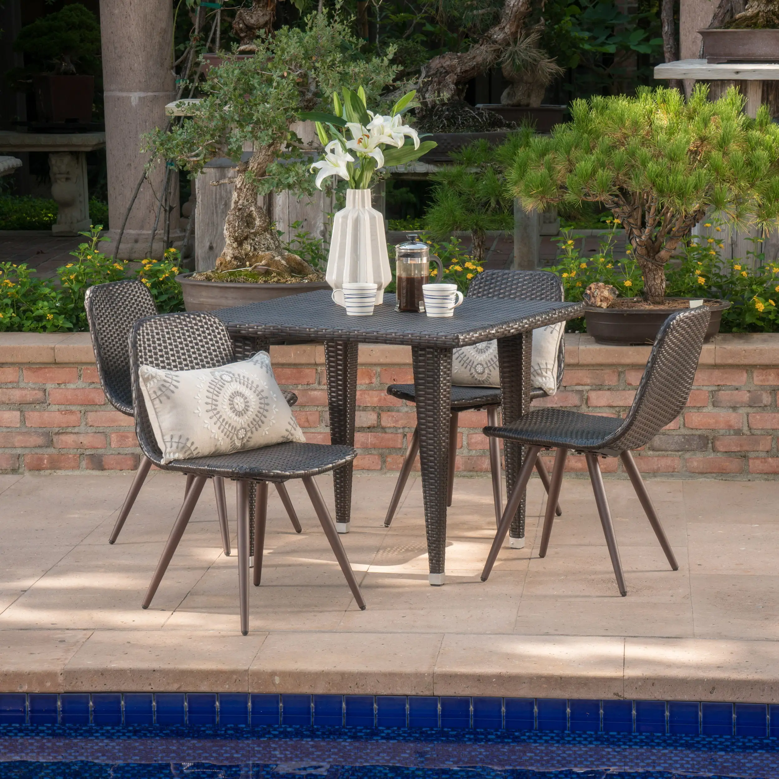 Troy Outdoor 5 Piece Wicker 35 Inch Square Dining Set. Multibrown