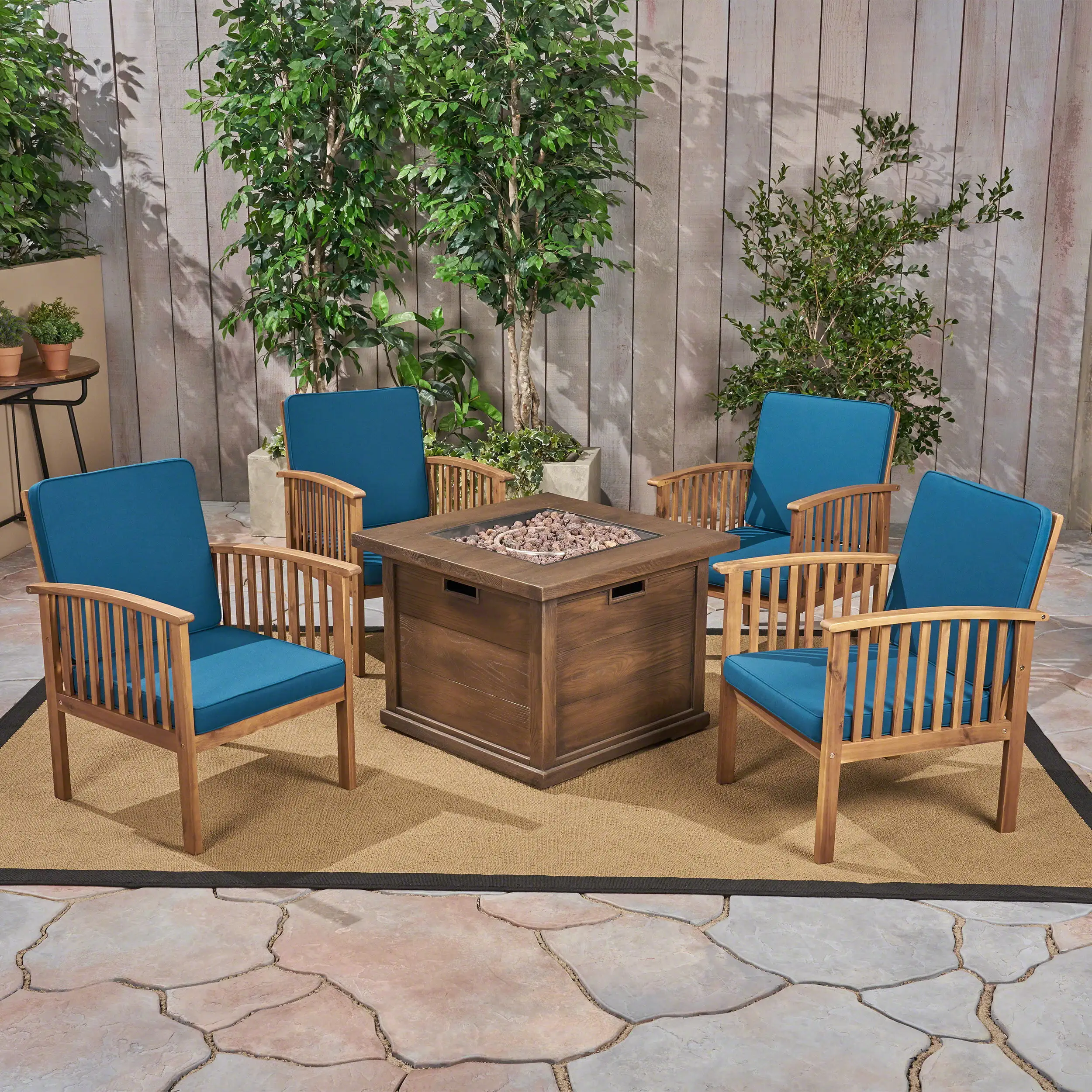 Tucson Outdoor 5 Piece Acacia Wood Chat Set with Cushions and Wood Finished Fire Pit. Brown Patina. Dark Teal. Brown