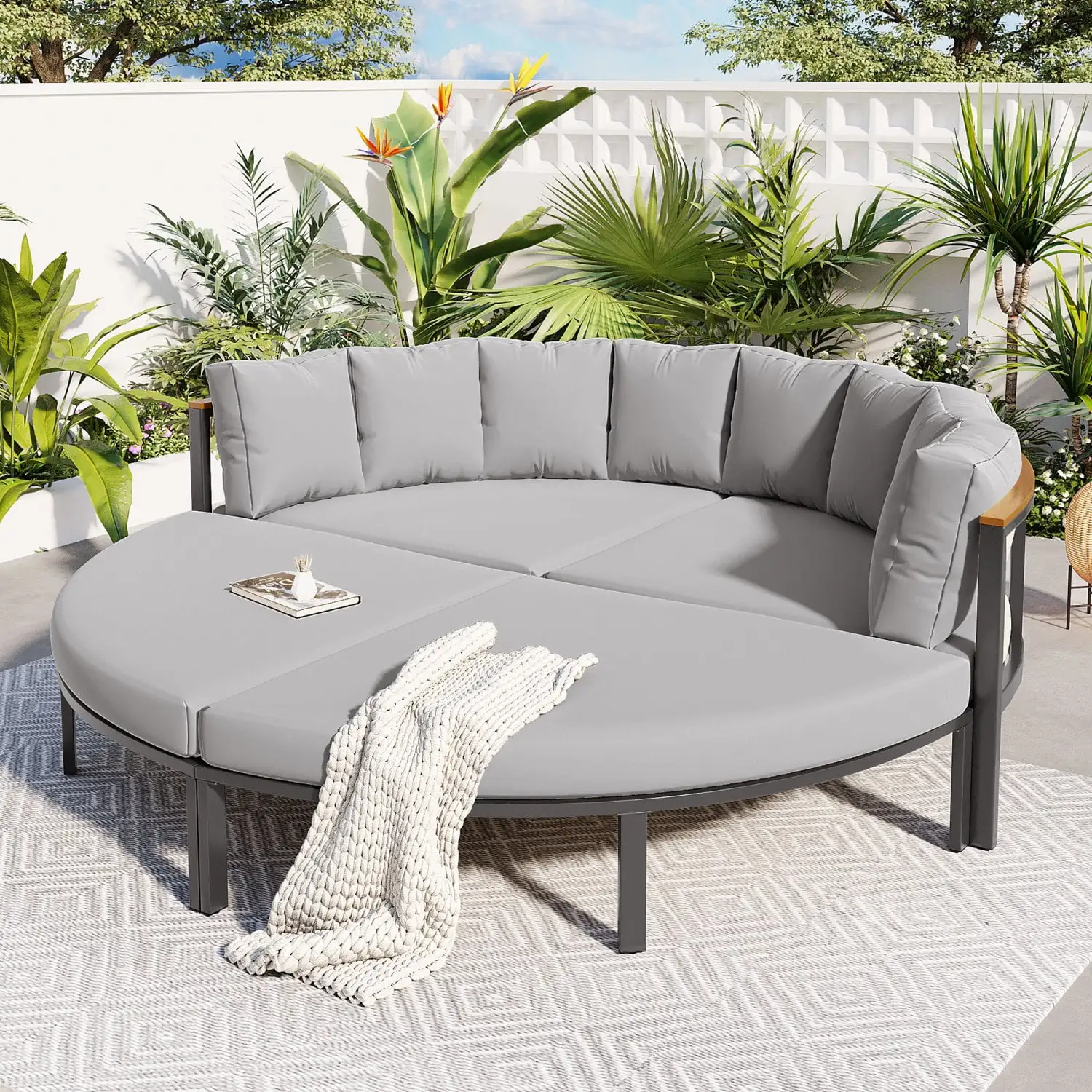 U-style Patio Furniture Set 4 Piece Round Outdoor Conversation Set All Weather Metal Sectional Sofa with Cushions