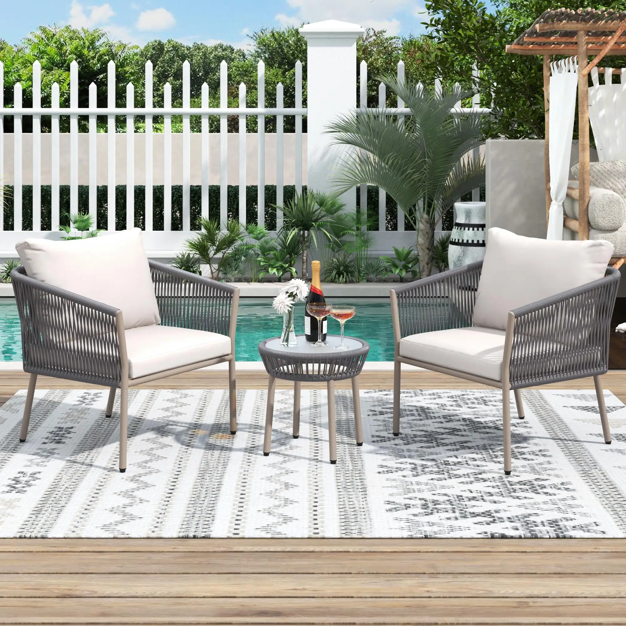 UBesGoo 3 Pcs Patio Bistro Set with Glass Table Top. Outdoor Conversation Set. Grey