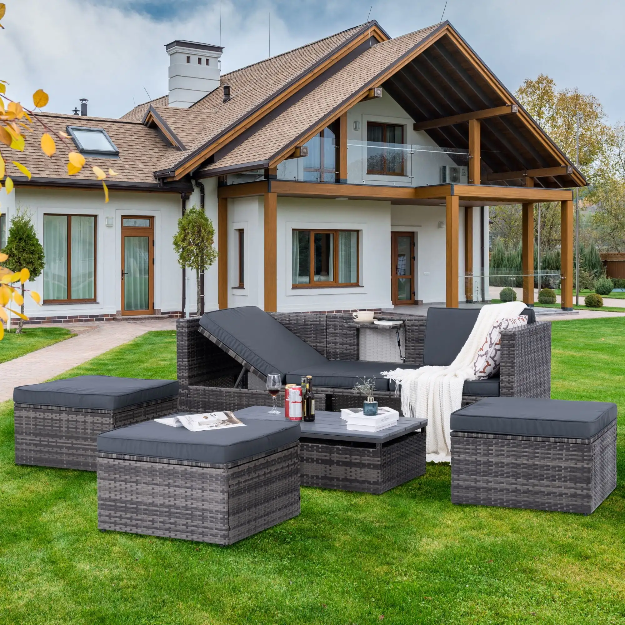 UBesGoo 5 Pcs Wicker Sectional Set with Liftable Coffee Table. Patio Furniture Set. All Weather Wicker Conversation Set with Thick Cushion. Gray