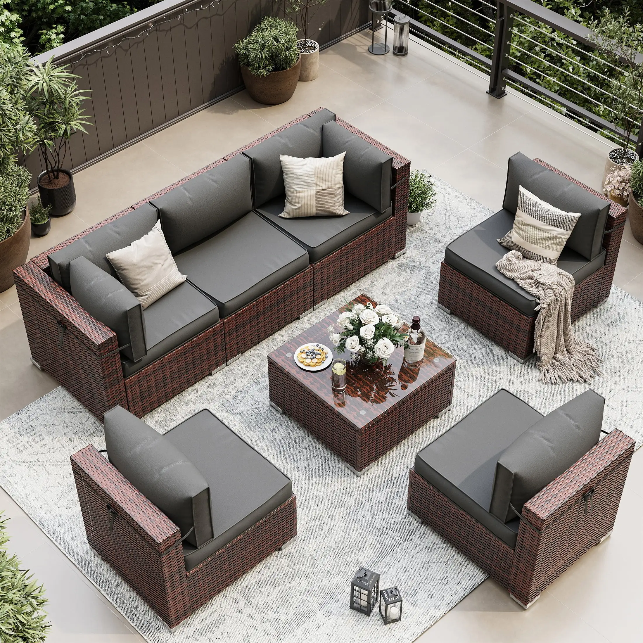 UDPATIO Patio Furniture Sets. Modular Rattan Outdoor Patio Sectional Furniture Sofa Set. Wicker Patio Conversation Set for Backyard. Deck. Poolside w/Glass Coffee Table. 7PC Grey (Include Sofa Cover)