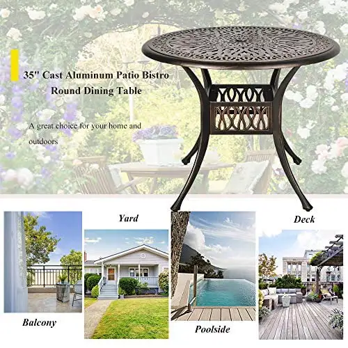 USSerenaY 35 Patio Bistro Round Dining Table Cast Aluminum Bistro Table with Umbrella Hole