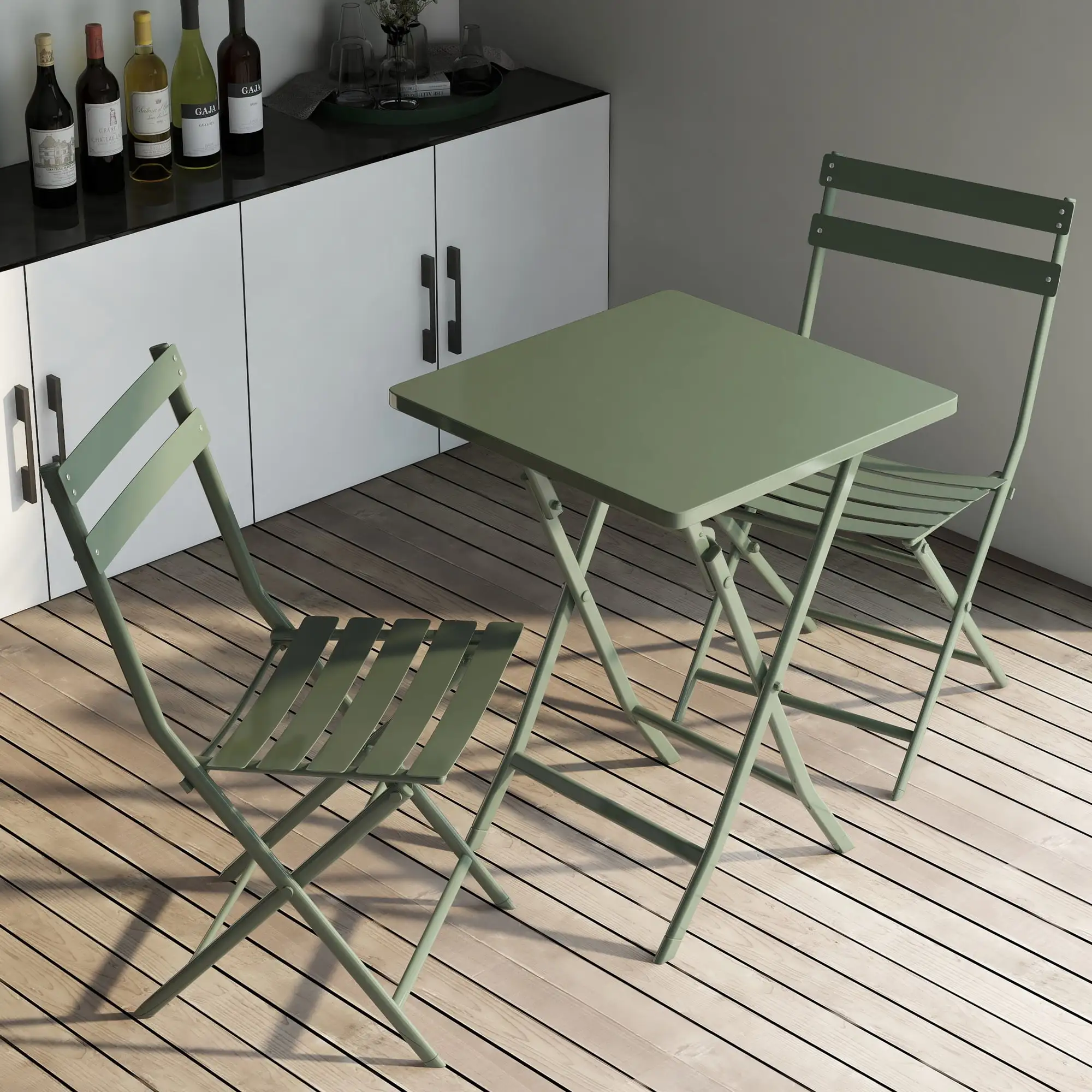 Ufurpie Patio 3-Piece Bistro Set Foldable Square Table and Chairs.Outdoor Furniture Sets with Premium Steel Frame Portable Design for Bistro & Balcony.Green