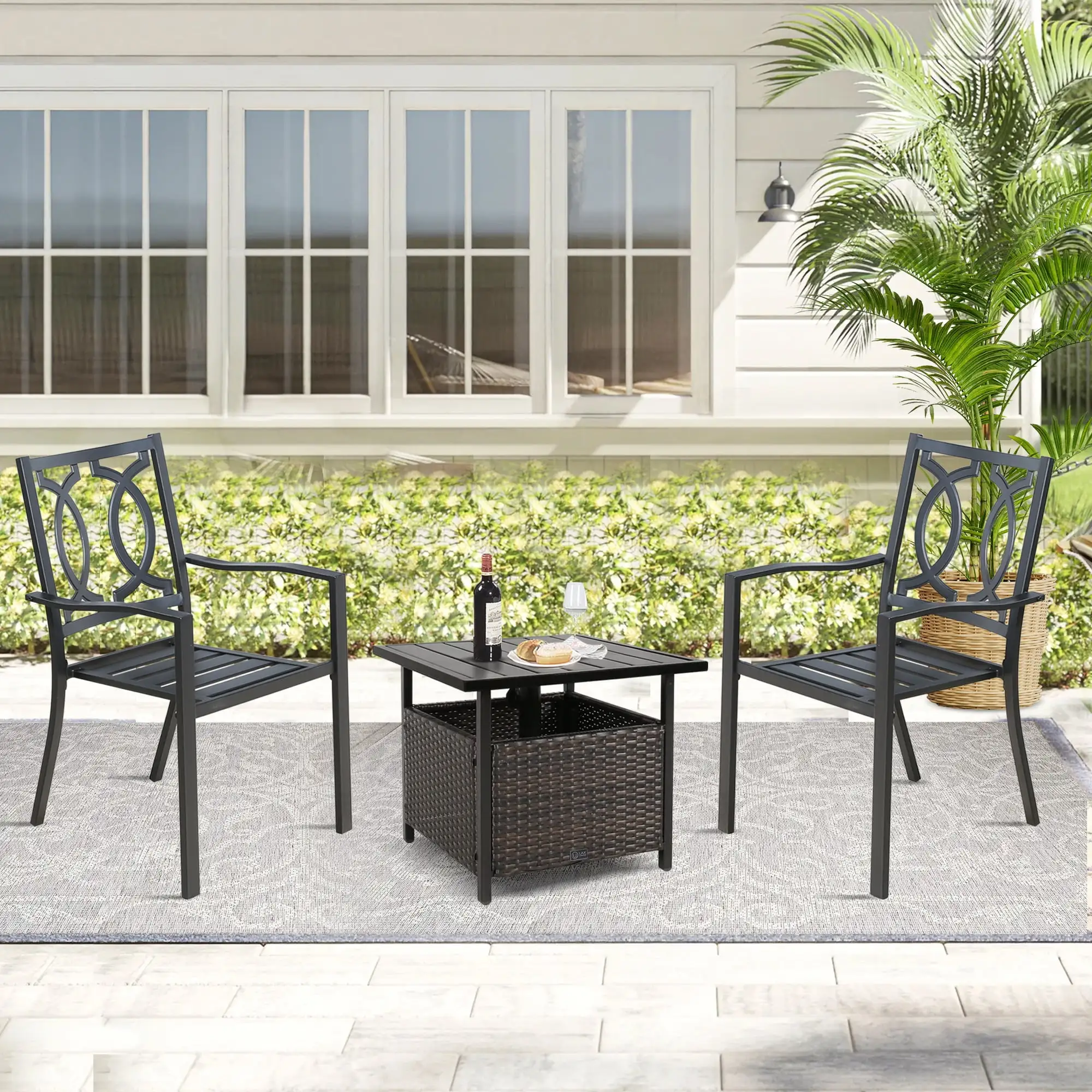 Ulax Furniture 3 Pieces Patio Bistro Set. Stacking Outdoor Dining Chairs Set and Patio Side Table with Umbrella Hole. Black