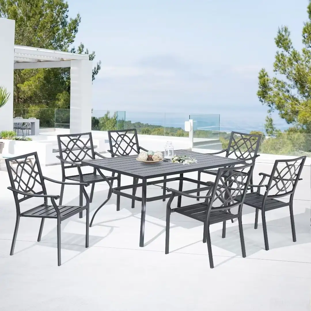 Ulax Furniture 7 Pieces Patio Outdoor Dining Set with 6 Steel Stackable Dining Chairs. Rectangular Metal Garden Table with 1.57 Umbrella Hole