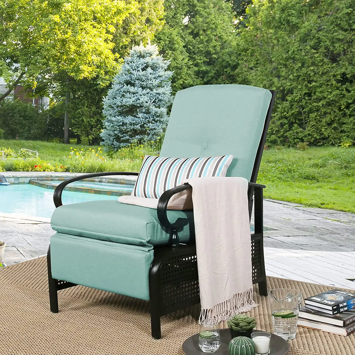 Ulax Furniture Patio Metal Recliner Lounge Chair with Olefin Cushion. Mist Blue