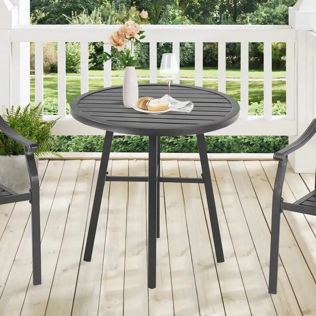 Ulax Furniture Patio Outdoor Round Metal Dining Table Indoor Retro Bistro Side Table. Conversation Table. Black