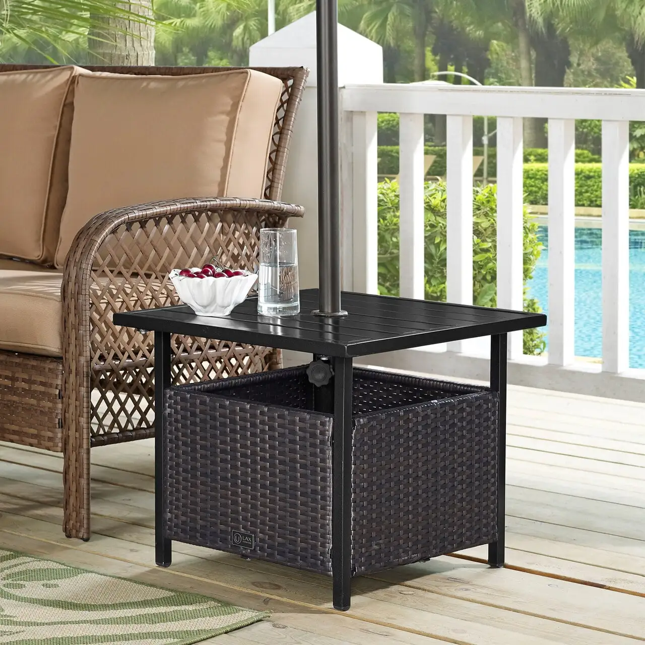 Ulax Furniture Patio PE Wicker Umbrella Side Table Stand. Outdoor Bistro Table With Umbrella Hole