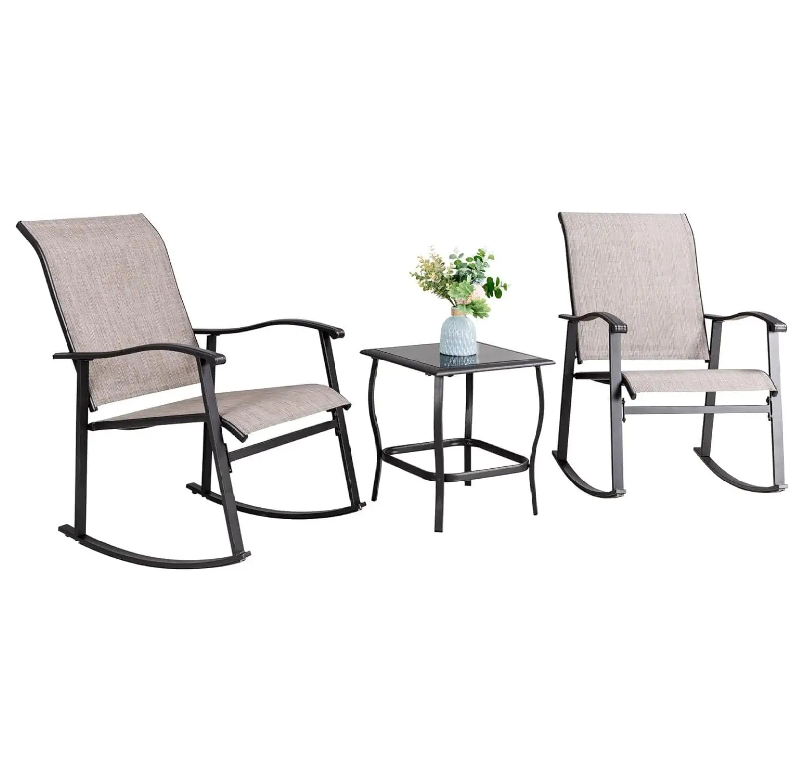 UooMi 3 Piece Outdoor Rocking Bistro Set. Textilene Fabric Small Patio Furniture Set. Front Porch Rocker Chairs Conversation Set with Glass Table for Lawn. Garden. Balcony. Poolside (Taupe)