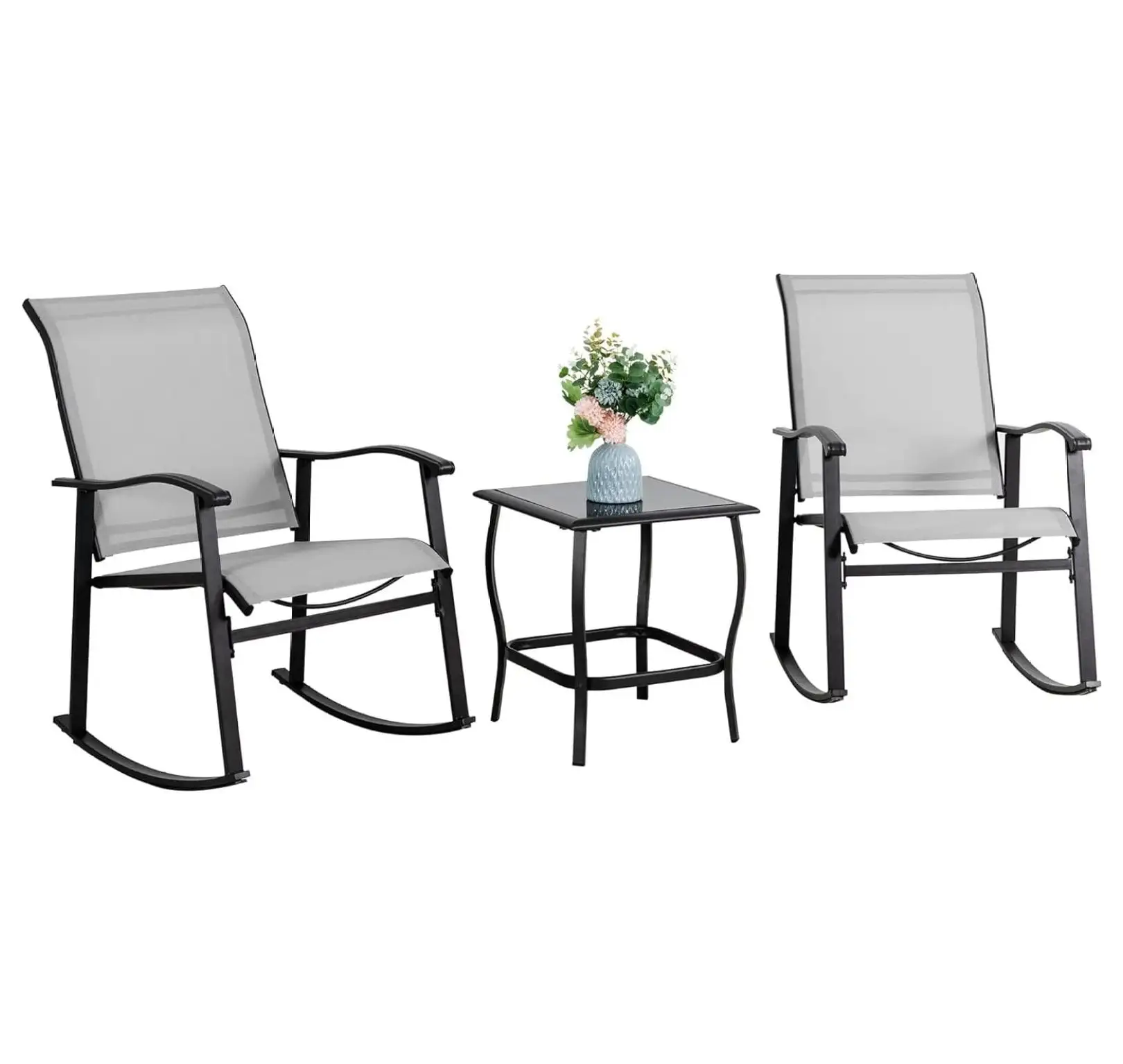 UooMi 3 Piece Outdoor Rocking Bistro Set. Textilene Fabric Small Patio Furniture Set. Front Porch Rocker Chairs Conversation Set with Glass Table for Lawn. Garden. Balcony. Poolside (Light Gray)