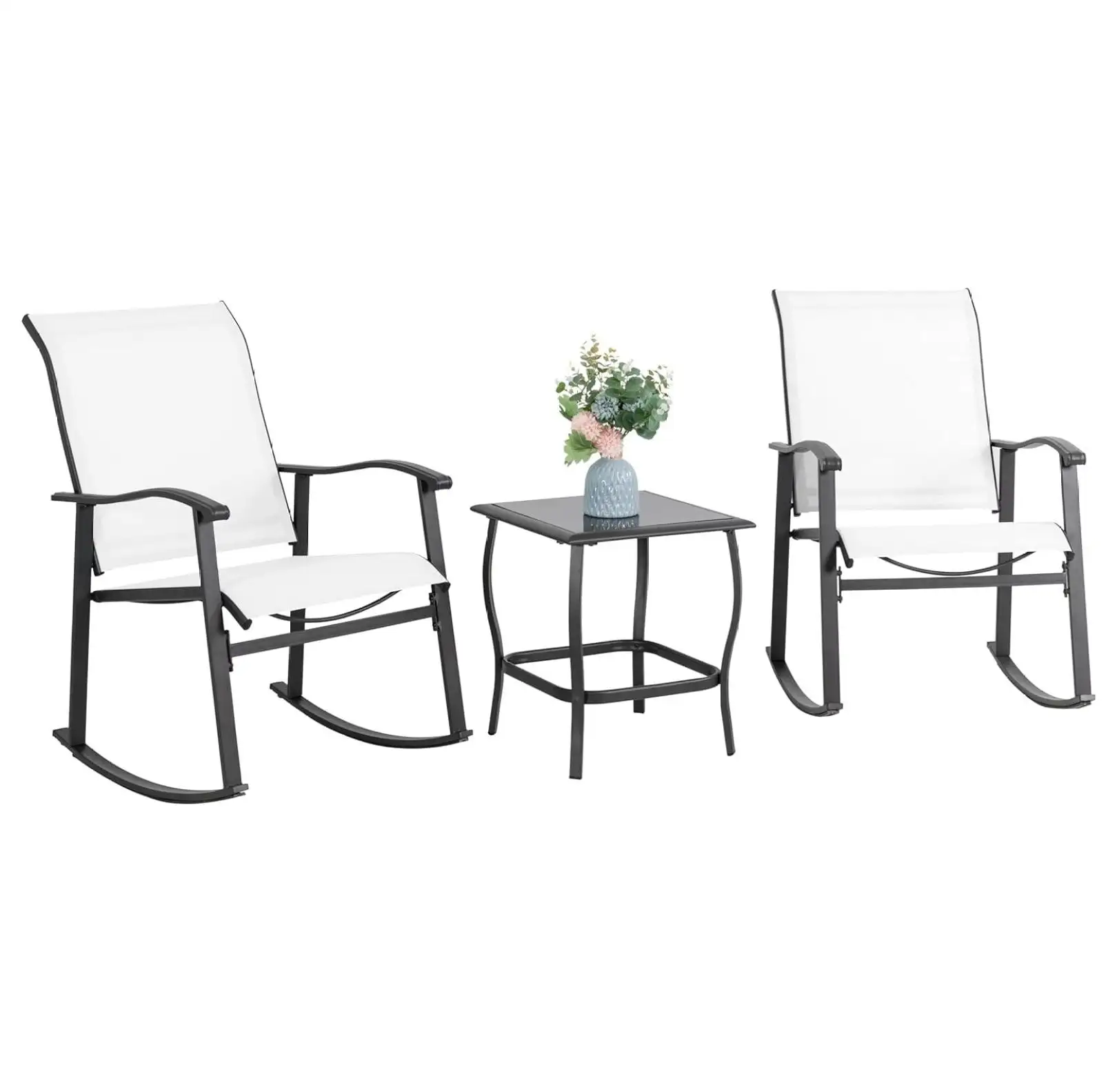 UooMi 3 Piece Outdoor Rocking Bistro Set. Textilene Fabric Small Patio Furniture Set. Front Porch Rocker Chairs Conversation Set with Glass Table for Lawn. Garden. Balcony. Poolside (White)