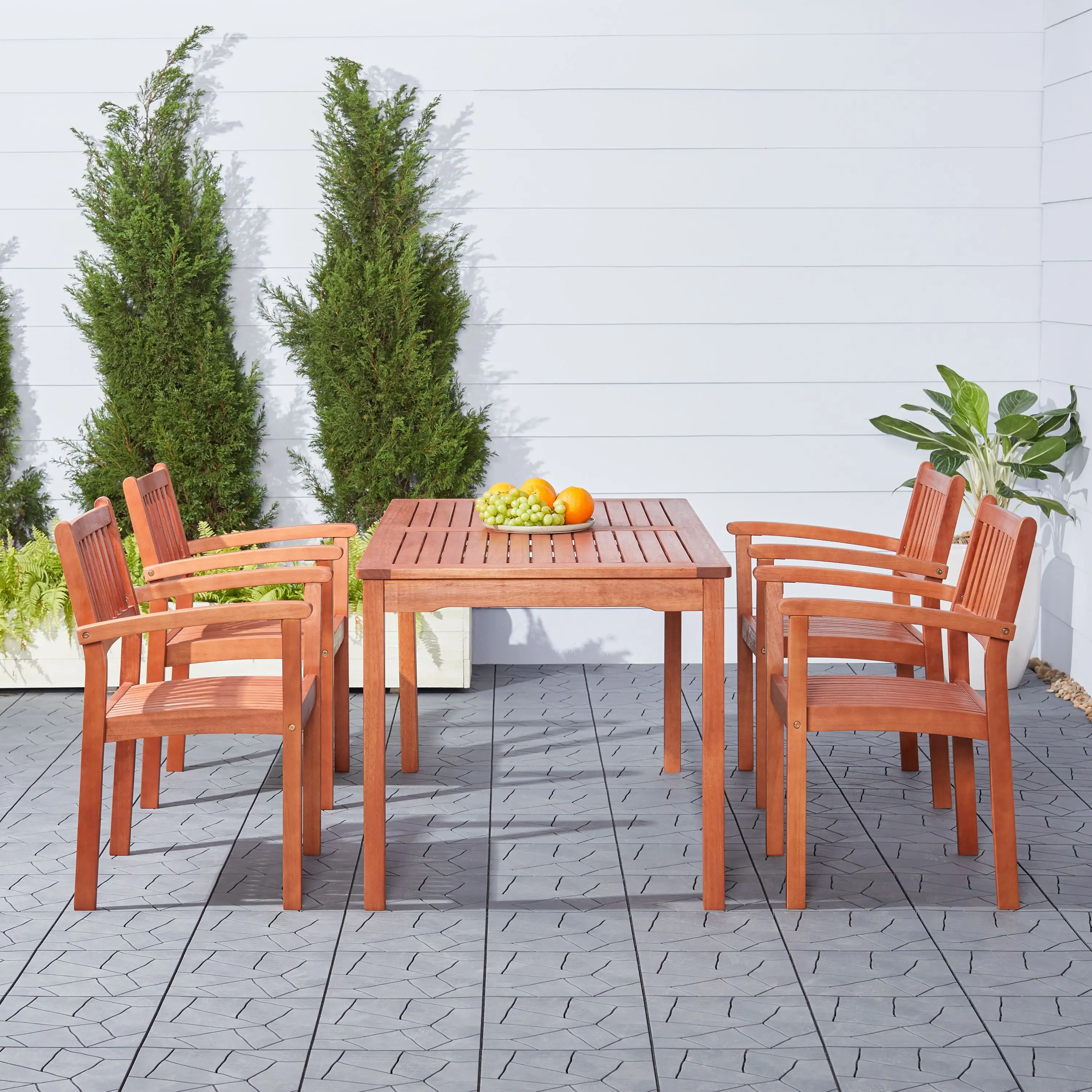 VIFAH Malibu Outdoor 5-Piece Wood Patio Dining Set with Stacking Chairs. 29-inch Height Table. 4-Seater. Reddish Brown Color