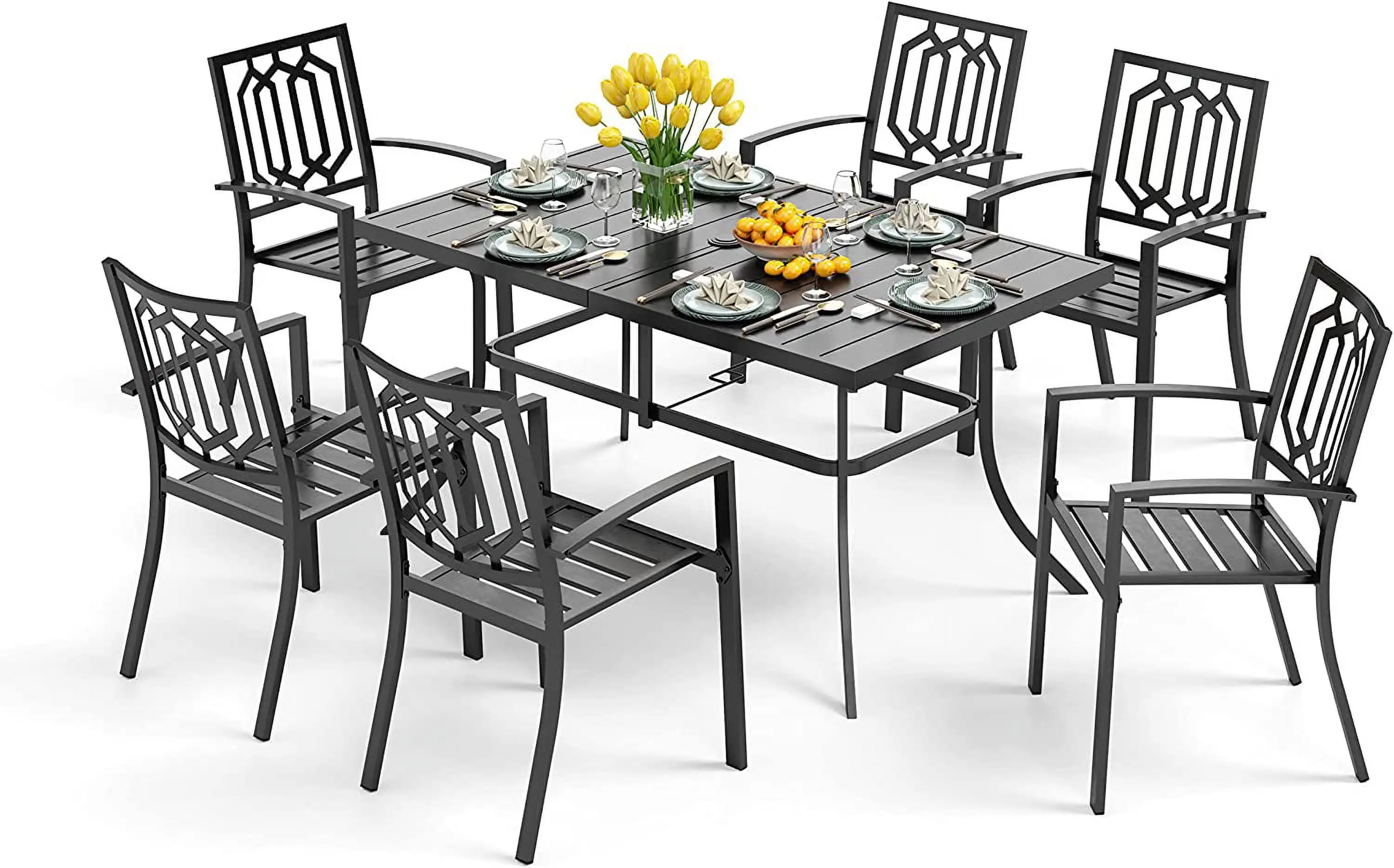 VILLA Patio Dining Set 7 Piece 6 Person Outdoor Table and Chairs with 6 Bistro Chair & 60" x 38" Rectangular Large Metal Dining Table(1.57" Umbrella Hole)