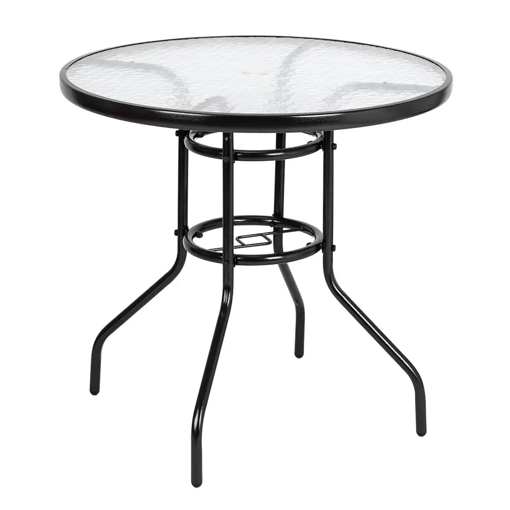 VINGLI 32 Outdoor Dining Table with Umbrella Hole Coffee Side Table. Round Tempered Glass Bistro Table Steel Frame. Outside Banquet Furniture for Balcony Garden Deck Lawn