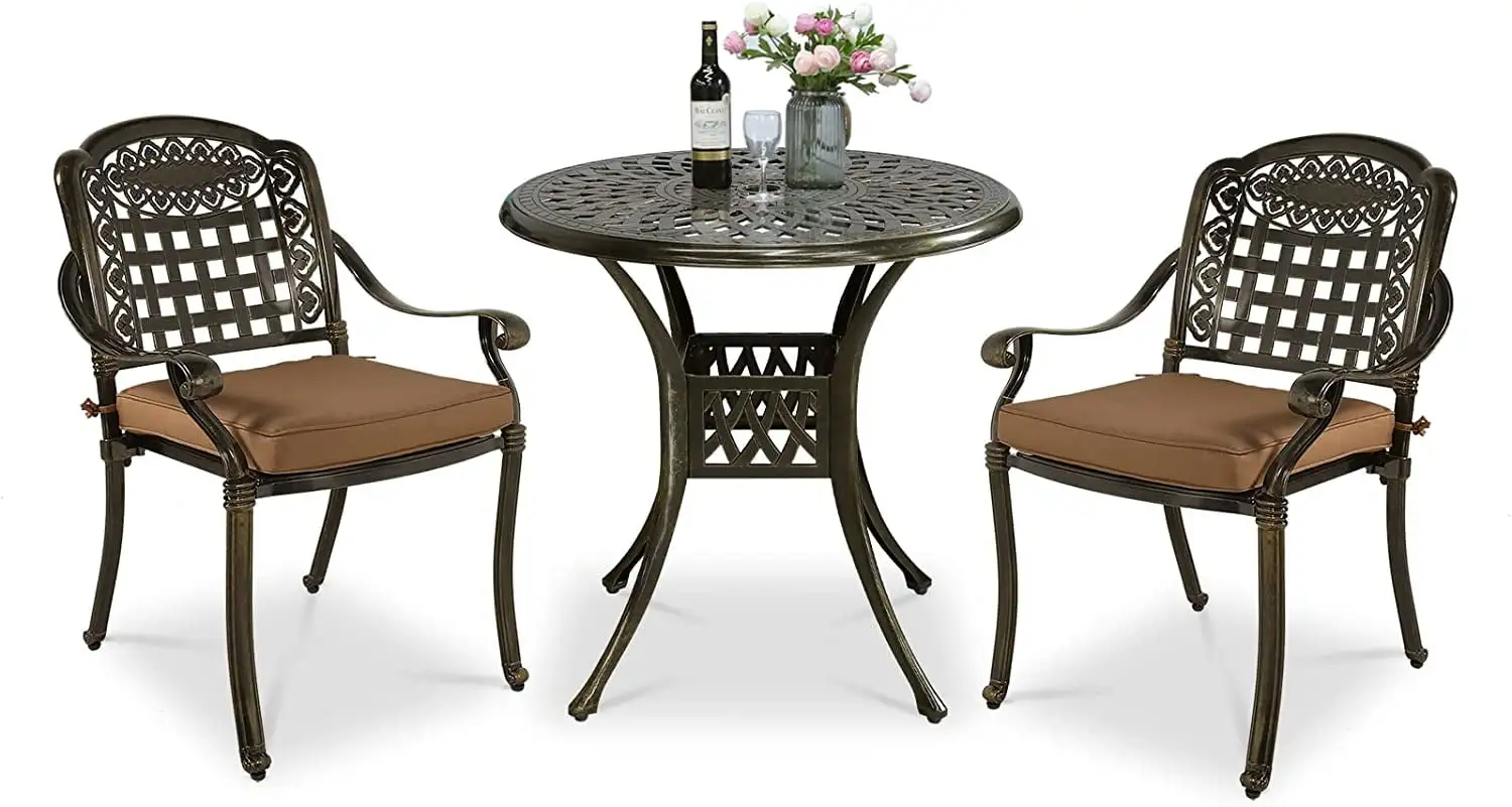 VIVIJASON 3-Piece Outdoor Patio Bistro Set. All-Weather Cast Aluminum Furniture Dining Sets Include 2 Cushioned Chairs and 31 Round Table w/Umbrella Hole for Balcony. Lawn. Garden. Backyard