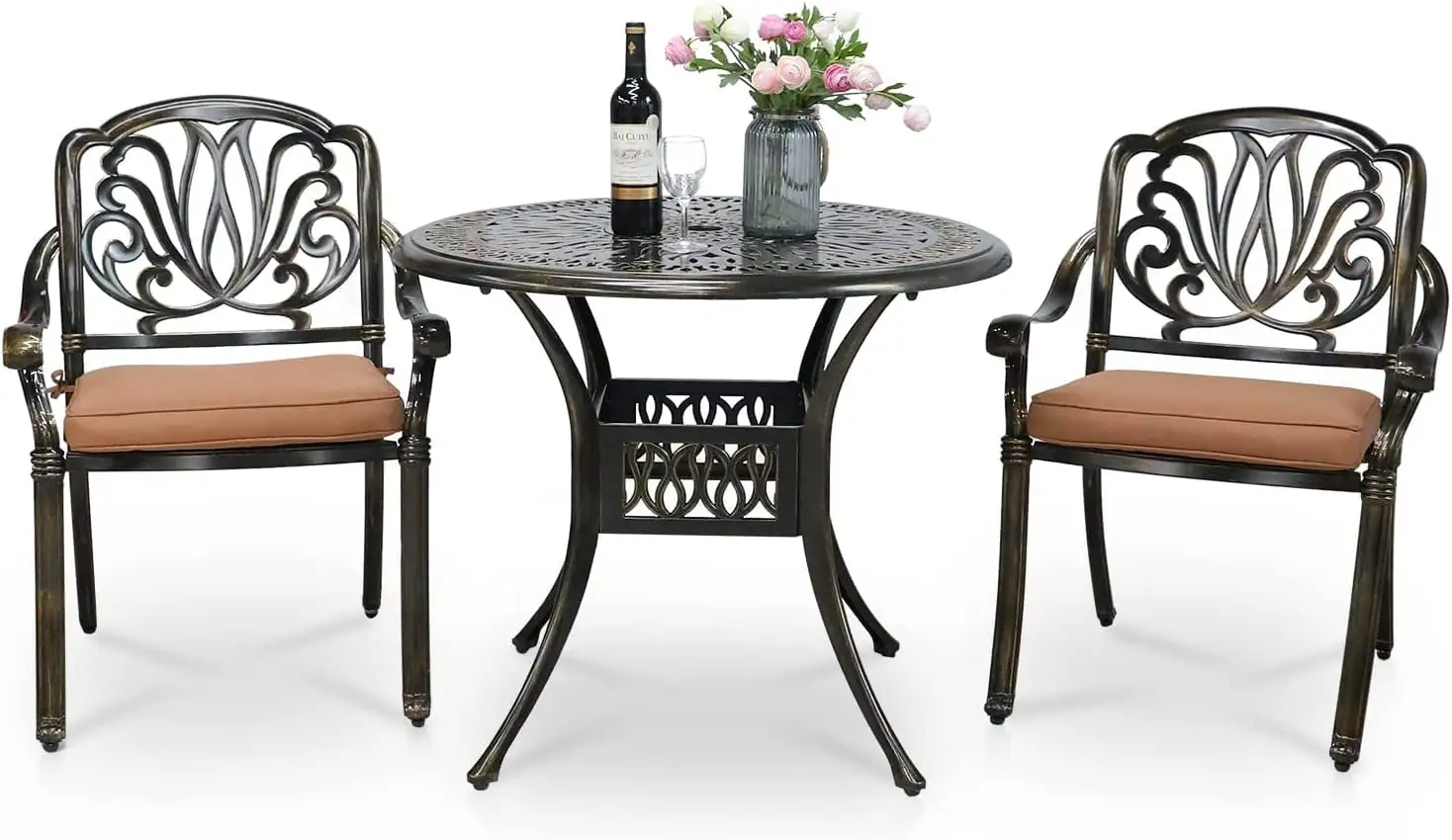 VIVIJASON 3-Piece Patio Bistro Sets. All-Weather Cast Aluminum Bistro Table Set Outdoor Patio Furniture. Include 2 Cushioned Chairs and 35.4 Round Table. 2 Umbrella Hole