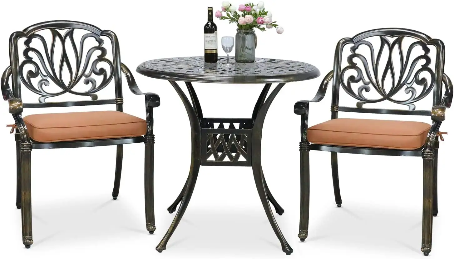 VIVIJASON 3-Piece Patio Furniture Dining Set. All-Weather Cast Aluminum Outdoor Bistro Set. Include 2 Chairs. 2 Cushions and 31 Round Table w/Umbrella Hole for Balcony. Lawn. Garden. Backyard