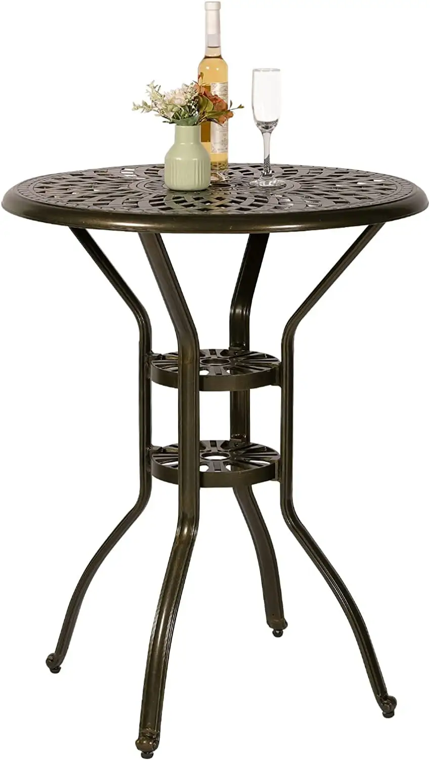 VIVIJASON 30.8 Patio Height Bar Table. All-Weather Cast Aluminum Bar Bistro Table Outdoor Patio Round Dining Table with Umbrella Hole for Balcony. Lawn. Garden. Backyard. Antique Bronze