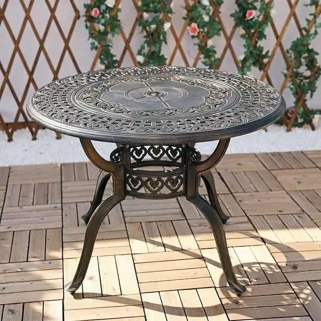 VIVIJASON 38.3 Patio Bistro Table Outdoor Dining Round Table Bronze Cast Aluminum Table with Umbrella Hole