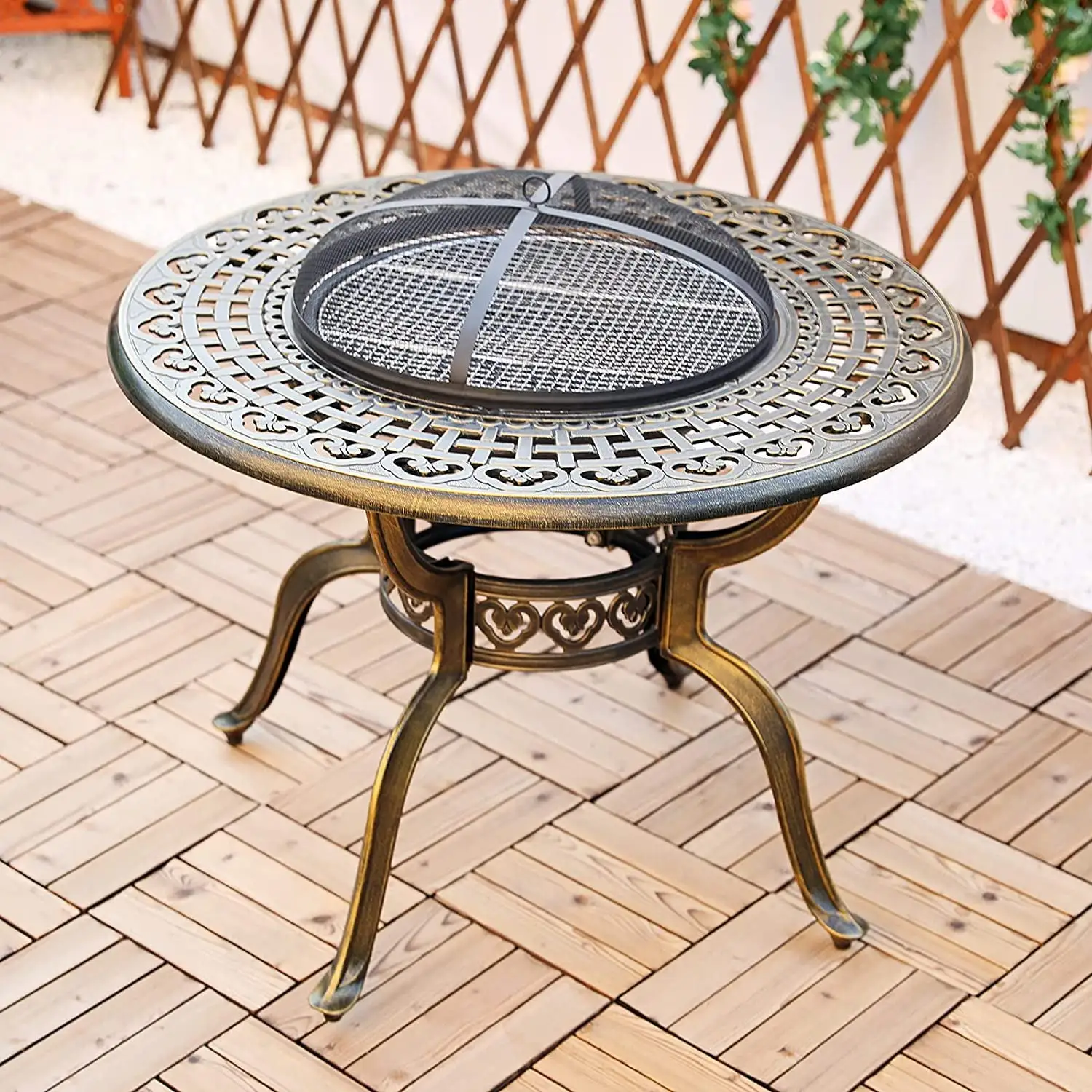 VIVIJASON 40.1 Patio Round Fire Pit Dining Table Charcoal/Wood Burning Outdoor Cast Aluminum Furniture Table with Fire Bowl. Cooking BBQ Grill. Wood Grate. Spark Screen and Poker for Backyard Lawn