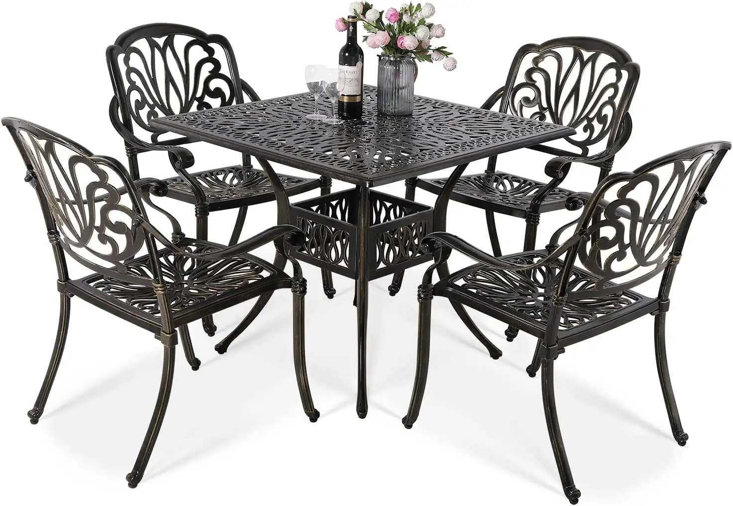 VIVIJASON 5-Piece Outdoor Cast Aluminum Patio Dining Set. All-Weather Conversation Furniture Set. Include 4 Chairs and a 35.2 inch Square Table w/Umbrella Hole for Balcony. Lawn. Garden. Backyard