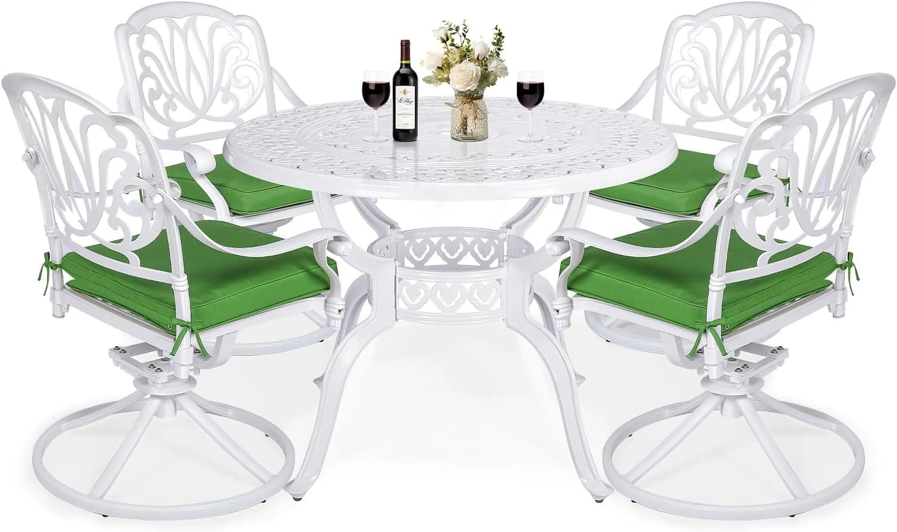 VIVIJASON 5-Piece Outdoor Patio Dining Set. All-Weather Cast Aluminum Conversation Set. Patio Furniture Set. Include 4 Swivel Cushioned Chairs. a 38.5 Round Table w/Umbrella Hole. White